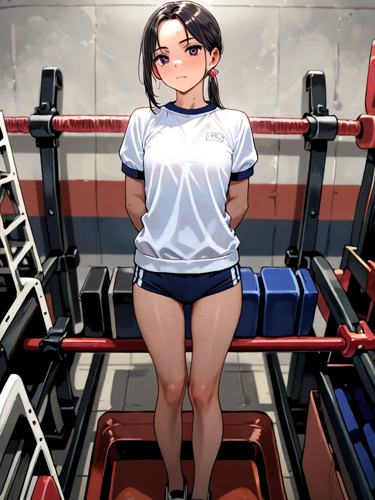 Bobcut、Black-haired 、Sailor suit、Sweating at the gym、Desperate form、Sweaty、indoor、Many other guests、Composition from below、Plain white 、in motion、Grit your teeth、Squat、With  open