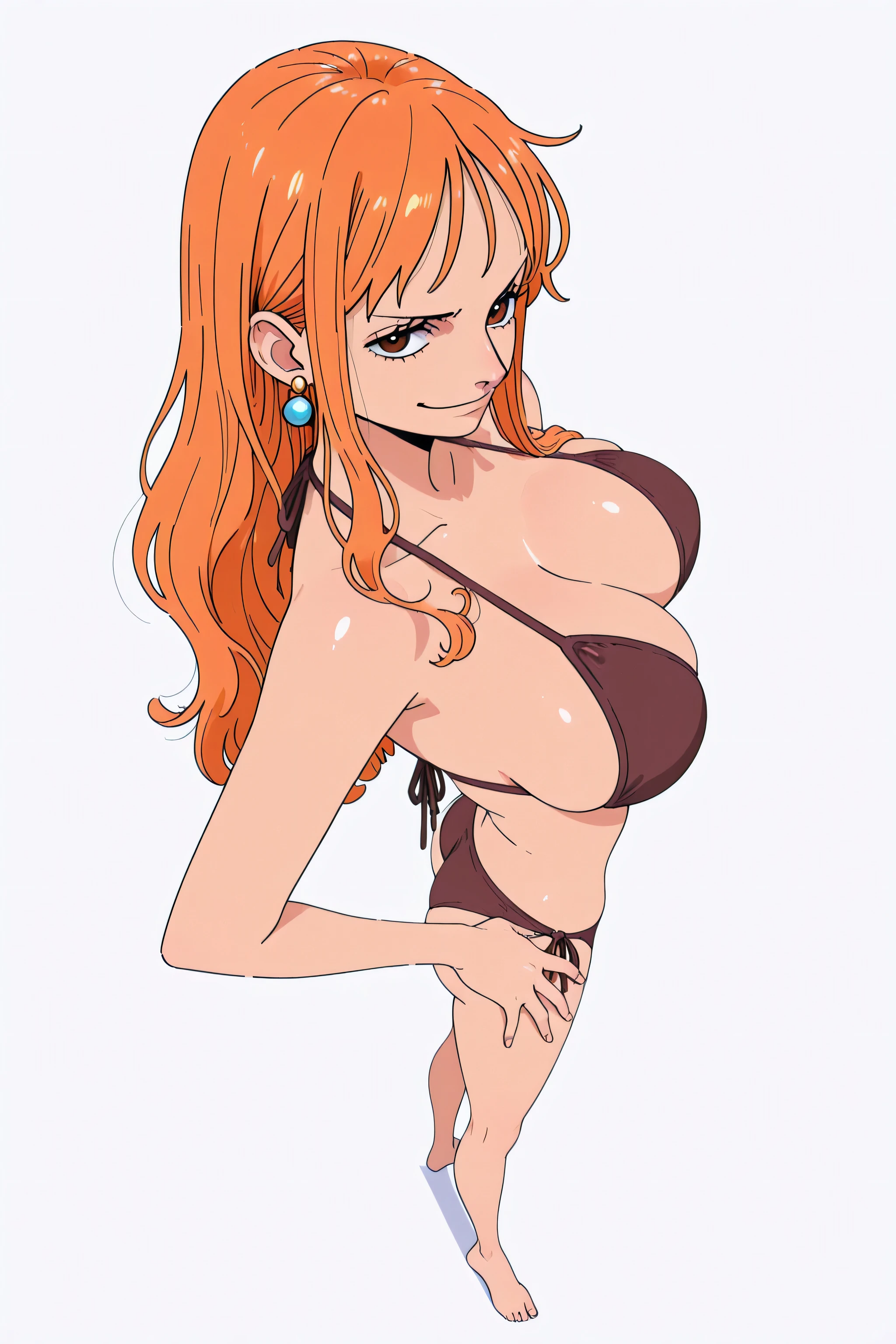 masterpiece masterpiece, ultra-HD, impressionism, high detail, best quality, very aesthetic, 8k, best quality, beautiful, anime coloring , Nami (One Piece) , solo , jewelry, long hair , brown eyes , smirk , big breast , swimsui, bikini, earrings, thighs , brown bikini , long legs , barefoot , orange hair, do the splits , standing , white background , full body , from above , foreshortening, perspective,