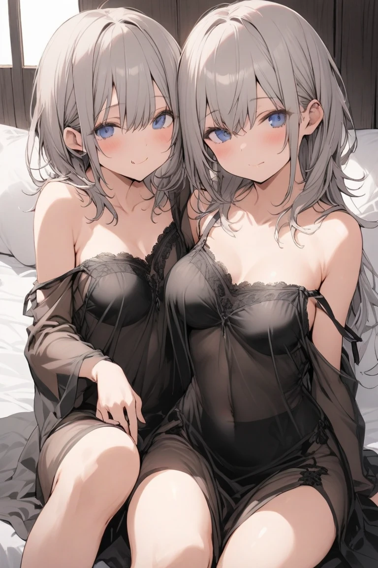 Two women in  sitting on the bed in the room, 2b, 2b, murata and artgerm series, anime girl, two beautiful anime girl, Nick Silva and Ilya Kuvshinov, !!, and loish and wlop, guweiz, author：Yang Jie, Black and white tight robe!, Extremely detailed artger.8K HD
