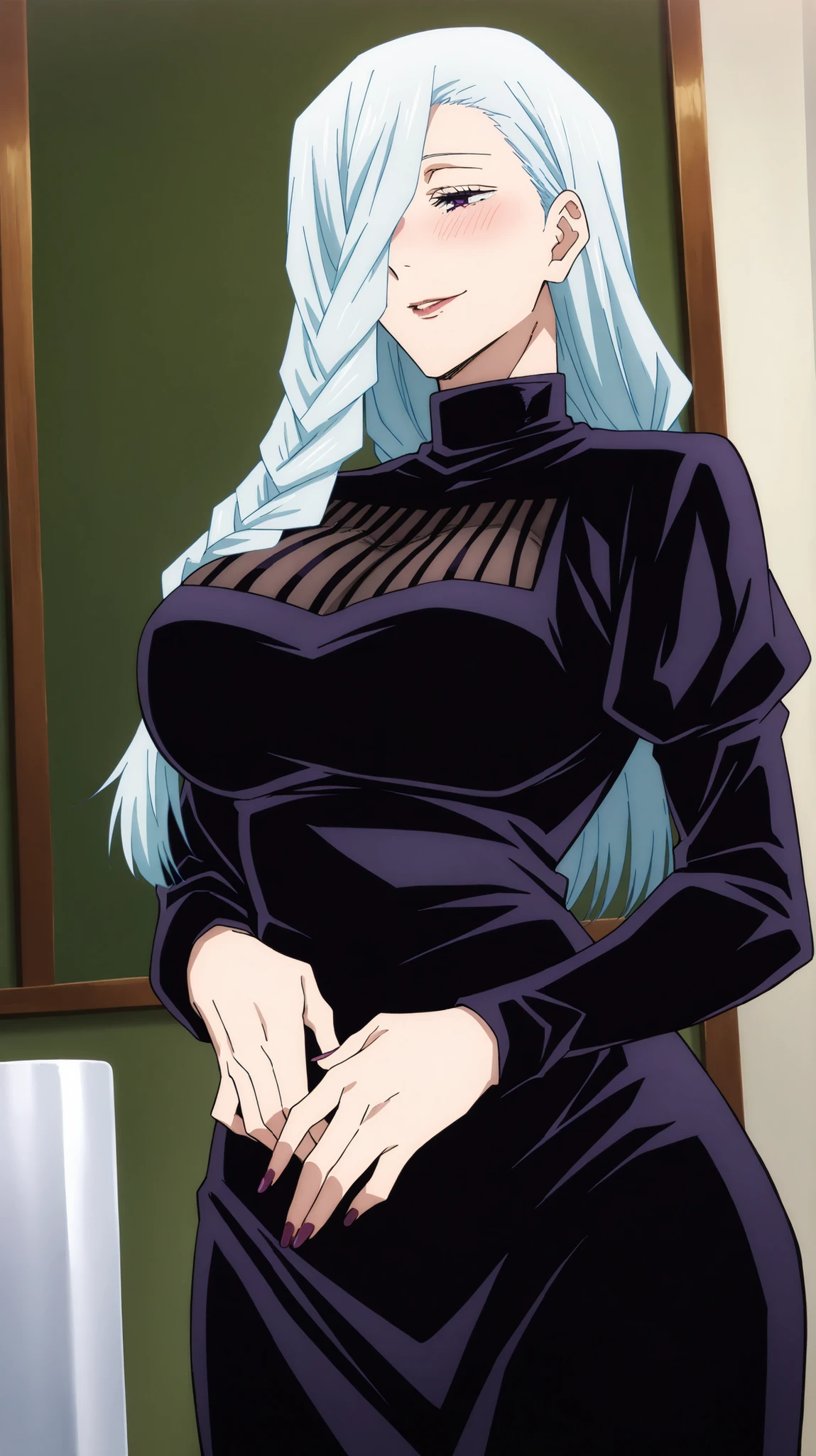 ((Studio: Bibury Animation Studios)) Mei Mei - Jujutsu Kaisen, masterpiece , best quality , highly detailed , ultra high res , Score_9, Score_8_up, Score_7_up, perfect anatomy, detailed fingers, detailed eyes, cowboy shot, dutch angle, focus on face, masterpiece, detailed anime, Sharp Focus, lady, JK, detailed face, detailed purple eyes, long hair, hair silky hair, forehead, sliced ​​white hair, mature woman, over hair eye braid, long straight hair, blushing, passionate smile, slightly parted lips, joy in your eyes, knee, big breasts, (black dress, long sleeves, high neck) night