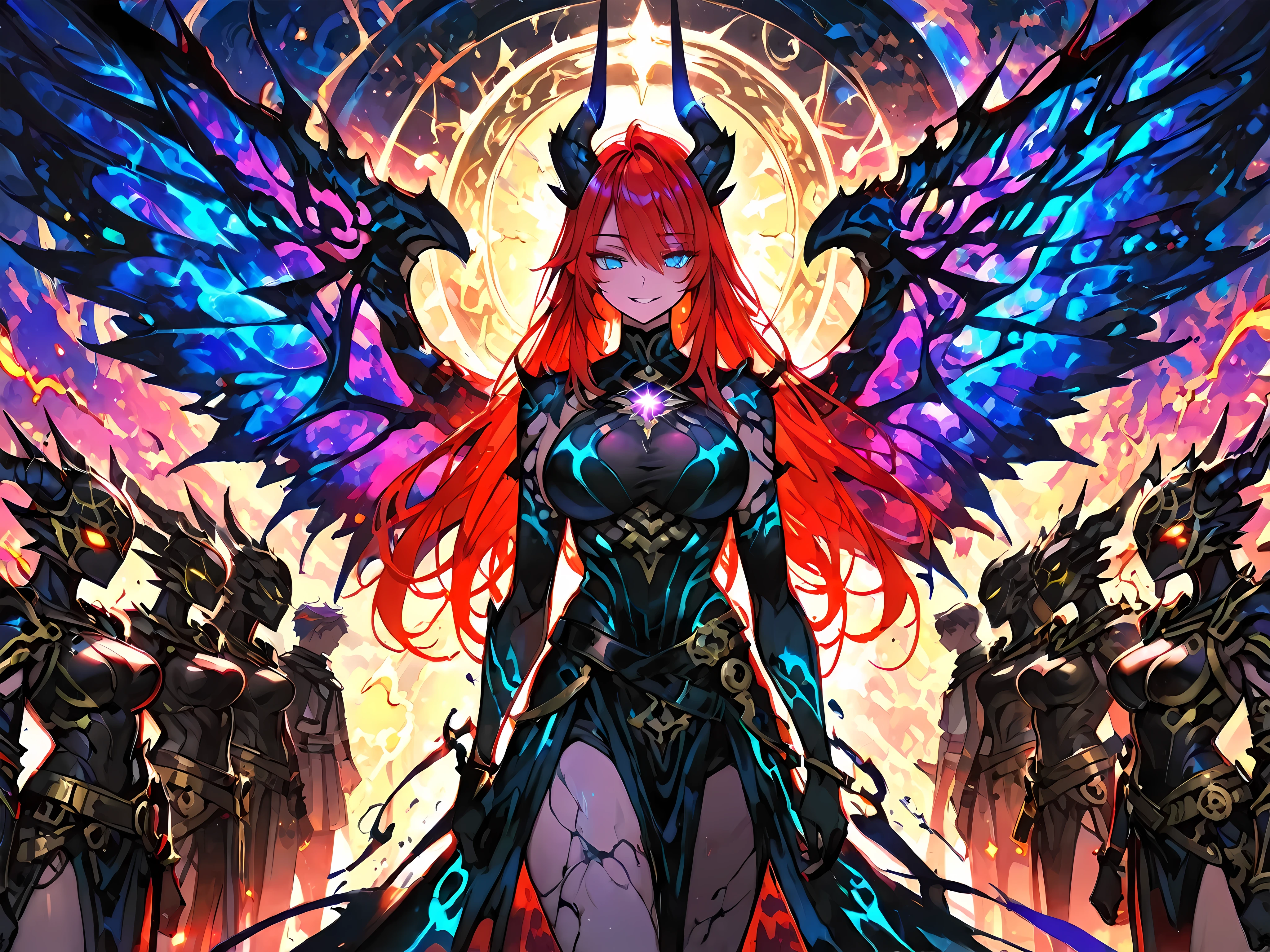 Group shot of four characters, full group portrait, four women standing side by side, equally framed, equal importance, no single character focus, hybrid human-dragon girls:
Zephyra: white long hair, red glowing eyes, black curved draconic horns, light dragon armor with black metallic scales, slightly large breasts, red core crystal on chest, black translucent wings with glowing red edges, wind and fire aura.
Vespera: vibrant red hair, seductive blue eyes, confident smile, dark curved horns, sensual arcane outfit with dark fabrics and glowing magical patterns, neon blue wing highlights, arcane energy on hands.
Nyxara: deep purple hair, intense golden eyes, dark ivory horns, mystical robes with glowing purple and gold runes, arcane ornaments floating, cosmic energy swirling, dark wings with luminescent veins.
Luminara: light celestial blue hair, bright blue divine eyes, short elegant black horns, ethereal dress of light, large breasts, soft radiant glow, translucent holy wings, floating particles of light.
All four standing together in an epic cinematic composition in a dragon valley with floating mountains and mana mist, powerful magical atmosphere, anime hyper-realistic style, ultra detailed, high fantasy, glowing effects, volumetric lighting, rim light, depth of field, sharp face focus, ornate details, 4K quality.