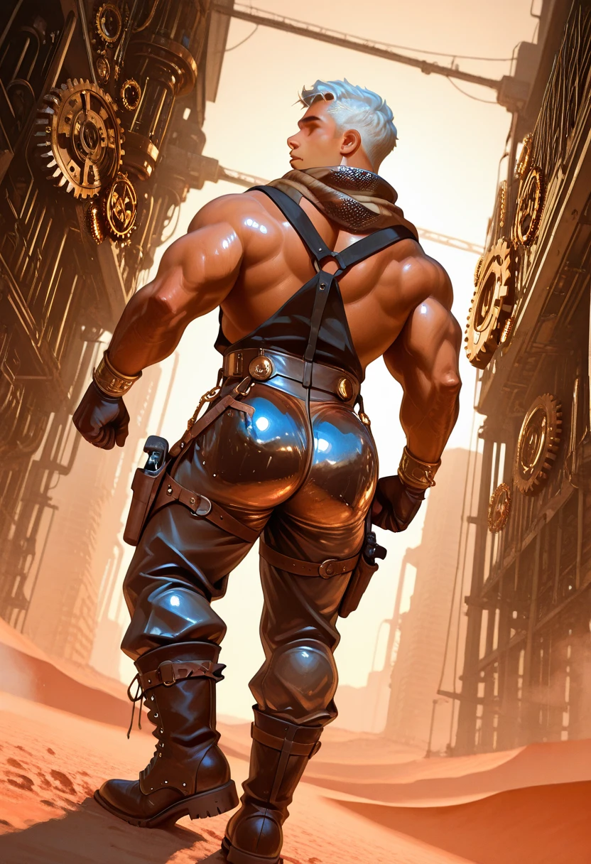 barret, dark skin male with gun arm and tattoo, sunglasses,  , (jockstrap) , full body , black boots , laying 