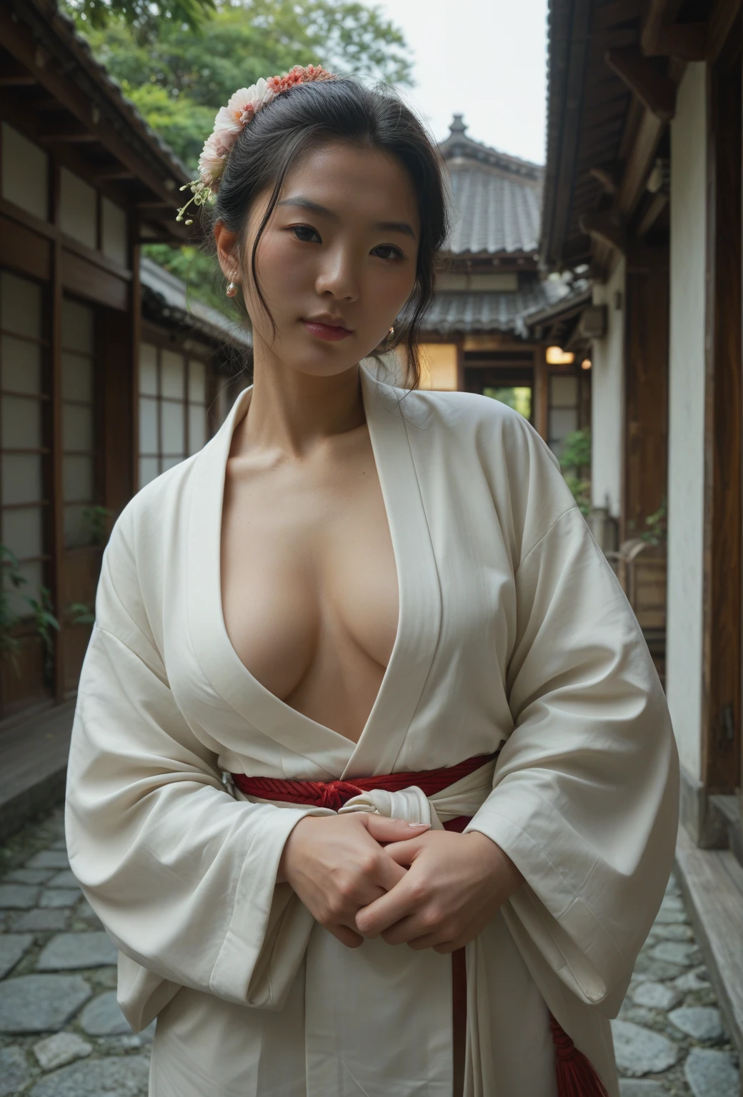 (extra detailed body、extra detailed face、best qualtiy:1.2)、femele、looking at the viewers、(Japanese、Maiko, 18 years old)、Kanzashi, hair adornments, Kimono, off shoulders, ((Exposed breasts)), No bra, Sexy sitting, thighs thighs thighs thighs, Tatami mats, (Background of a luxury ryokan in Gion, kyoto:1.4)