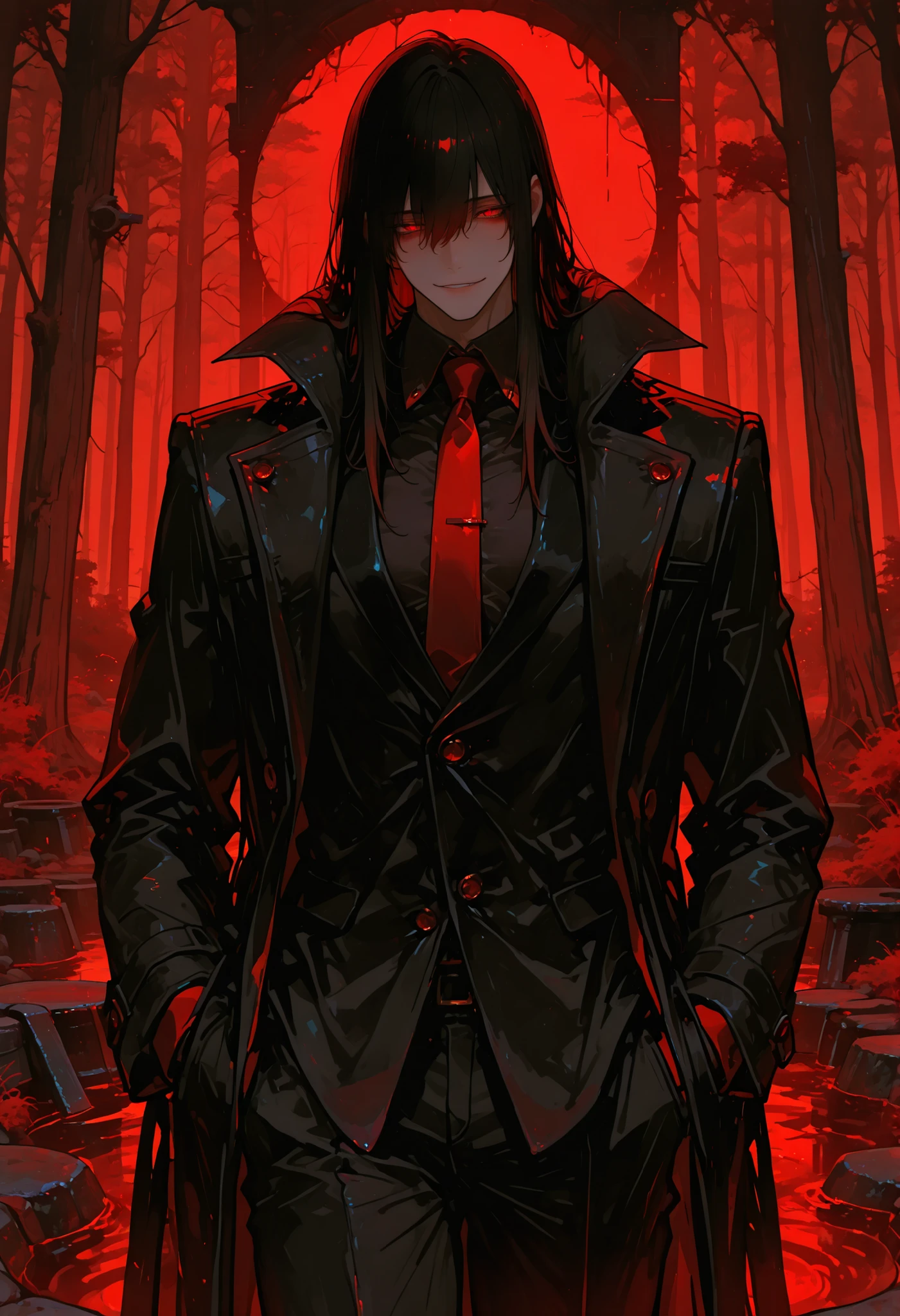 1 male, adult, well-proportioned face, attractive man, dressed in a full-black suit, black coat, cool and mysterious expression, long messy black hair, crimson eyes, black slit pupils, well-defined physique, forest and mountainous background region