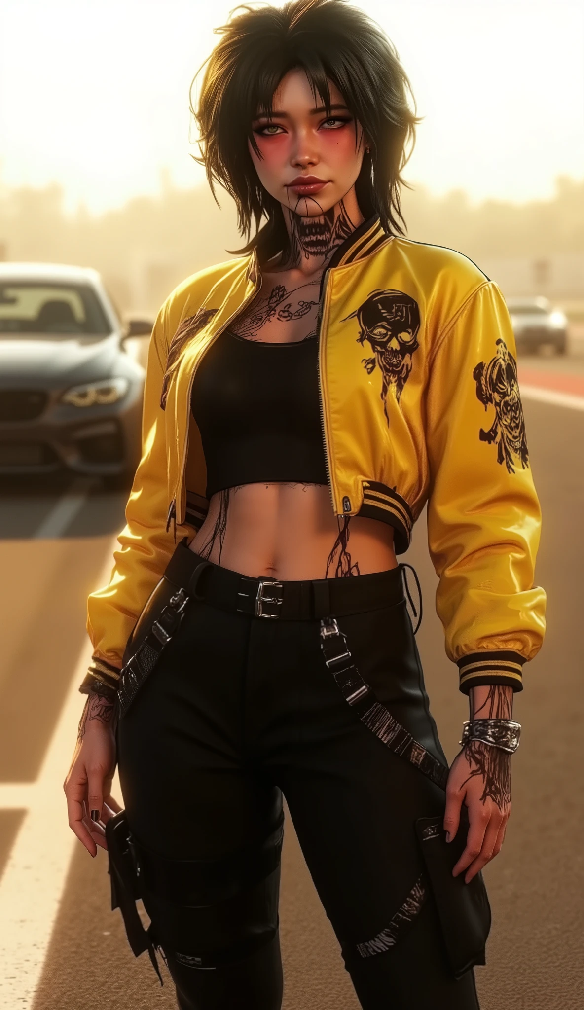 Full-body digital art of a woman standing on a racing track. She has dark, messy hair that frames her face with a raw, untamed energy. A prominent skull-shaped tattoo is visible on her neck, adding a rebellious edge. She wears a bright yellow bomber jacket adorned with black Japanese text and symbols, paired with a black crop top. Her black cargo pants are detailed with multiple pockets and straps, adding a utilitarian edge, designed for the racing environment, with subtle dramatic lighting that enhances the realism. The overall style is realistic 3D rendering with a modern, slightly dramatic aesthetic, emphasizing texture, atmosphere, and intensity. Golden-hour sunlight casting long shadows, Low-angle shot for intensity, Slight motion blur of cars in the background