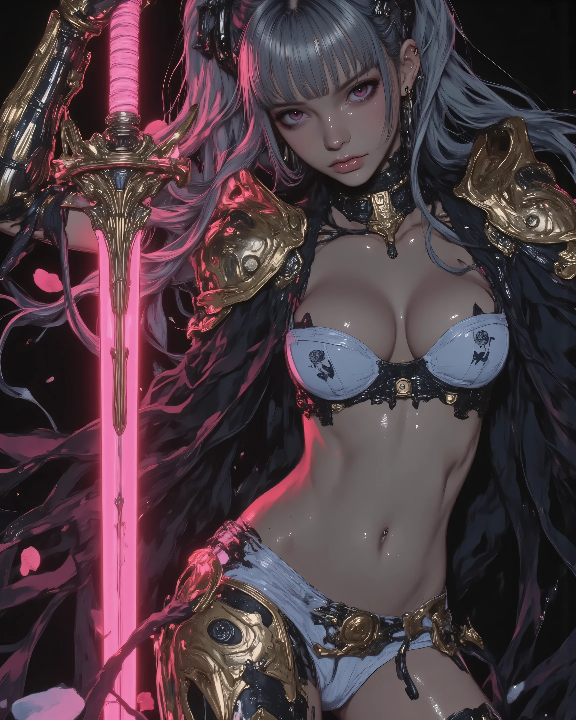 velaris, a beautiful dark elf with dark grayish-purple skin, anatomically perfect seductive hourglass figure, slender waist, large breasts, toned abs and thighs, long flowing ash-gray hair with delicate pink and rose gold highlights, hair adorned with wilted black roses and thorny vines wrapped around neck and shoulders, pointed long elf ears with black rose earrings, piercing intense pink eyes glowing with fierce determination and dark magic, wearing legendary elven formal leotard armor: ultra-revealing high-leg white leotard made of mythical silk and mithril threads, extremely low neckline deep plunging cleavage, golden intricate filigree armor plates on shoulders, collarbone, and hips, backless design with crossing gold chains, exposed midriff, black lace accents and shadowy aura, thigh-high golden greaves with rose motifs, holding a glowing pink magical greatsword with black rose engravings on the blade, standing in dramatic pose with sword raised, dark gothic atmosphere, volumetric god rays, rose petals falling, highly detailed, masterpiece, best quality, intricate details, sharp focus, 8k, cinematic lighting, by Alphonse Mucha and Sakimichan and WLOP