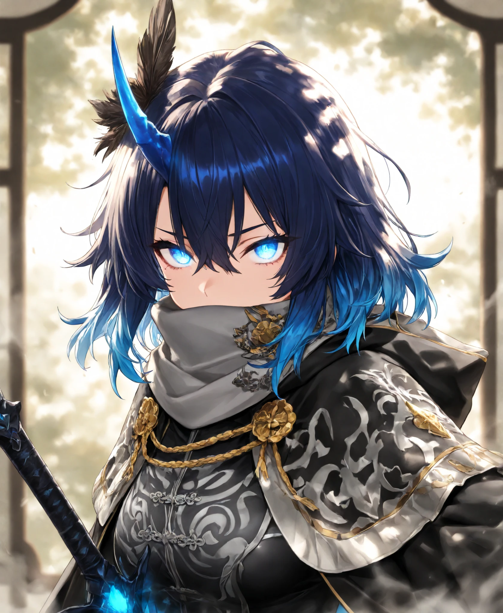 FCV1,rhythm, blue eyes, blue hair, medium hair, single horn, 748cmstyle,(looking at viewer, side shot:0.72), warrior, (face shot:1.1), (1girl:0.665), solo, masterpiece, best quality, amazing quality, very aesthetic, high resolution, ultra-detailed, thick hair, multicoloured hair, (covered mouth:1.3), peafowl feathers, blooded sword, black sword, ruffled hair, two tone hair, dynamic pose, murderous expression, gradient hair, messy hair, hair in front of eyes, chinese clothes, tight clothes, royal guard, cape, grey print scarf, black robe, cultivator, xianxia, tsurime, glowing eyes, hood, cloak
