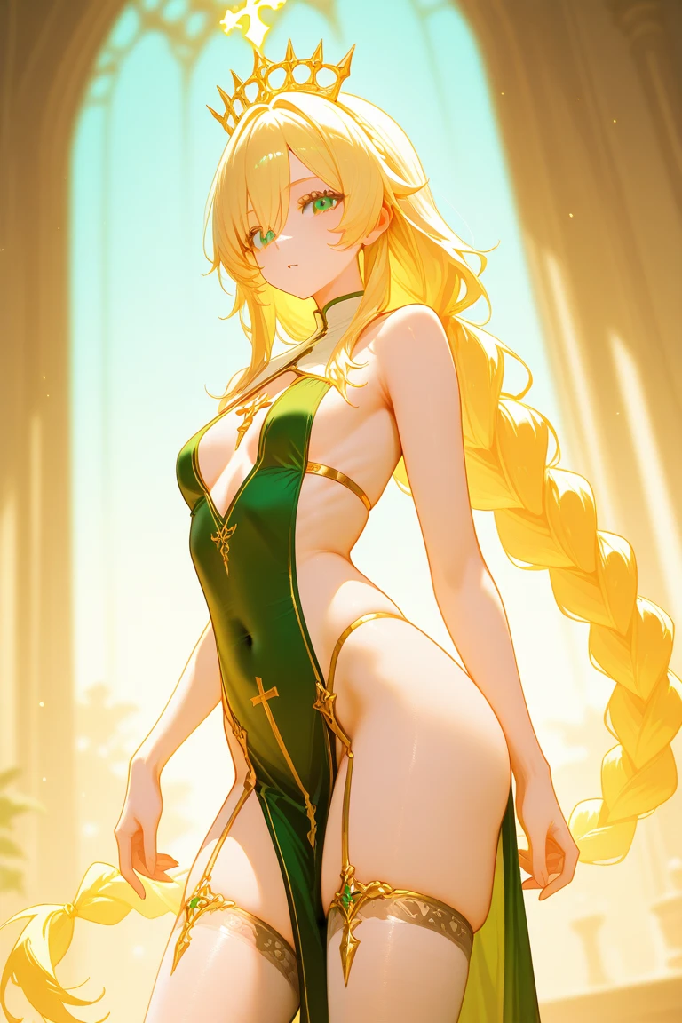 (((strong wind)))、storm、(((Golden eyes)))、(hair ornaments)、(Green tattoo)、(((naked)))、back view、beautiful beauty、green hair long、((whole body))、(((photo taken from below)))、night sky、The background is a night forest