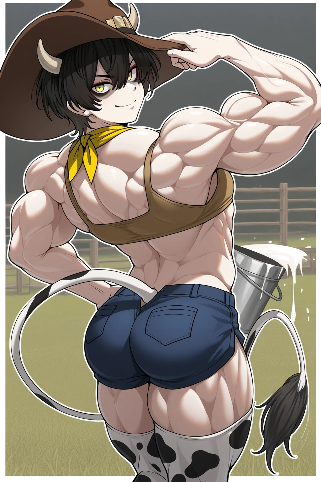 solo, male, broad shoulders, long bull horns, tan skin, long messy brown hair, brown eyes, young male, farm, fit, cow tail, slender, thin waist, smile, ponytail, barn, freckles, slender male, close up, cow ears, very tall, bulging ??????, wide ????, lingerie