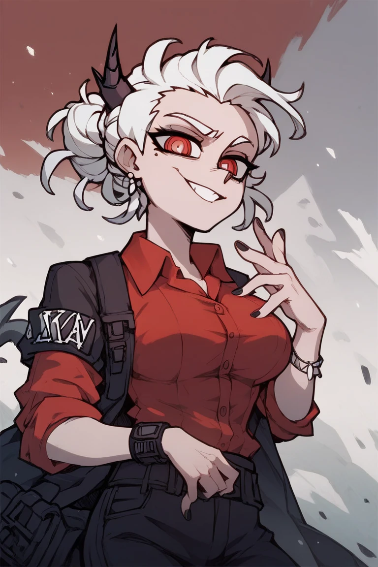 A female construction worker wearing an Adrian helmet, as a Helltaker demoness with short chin length hair