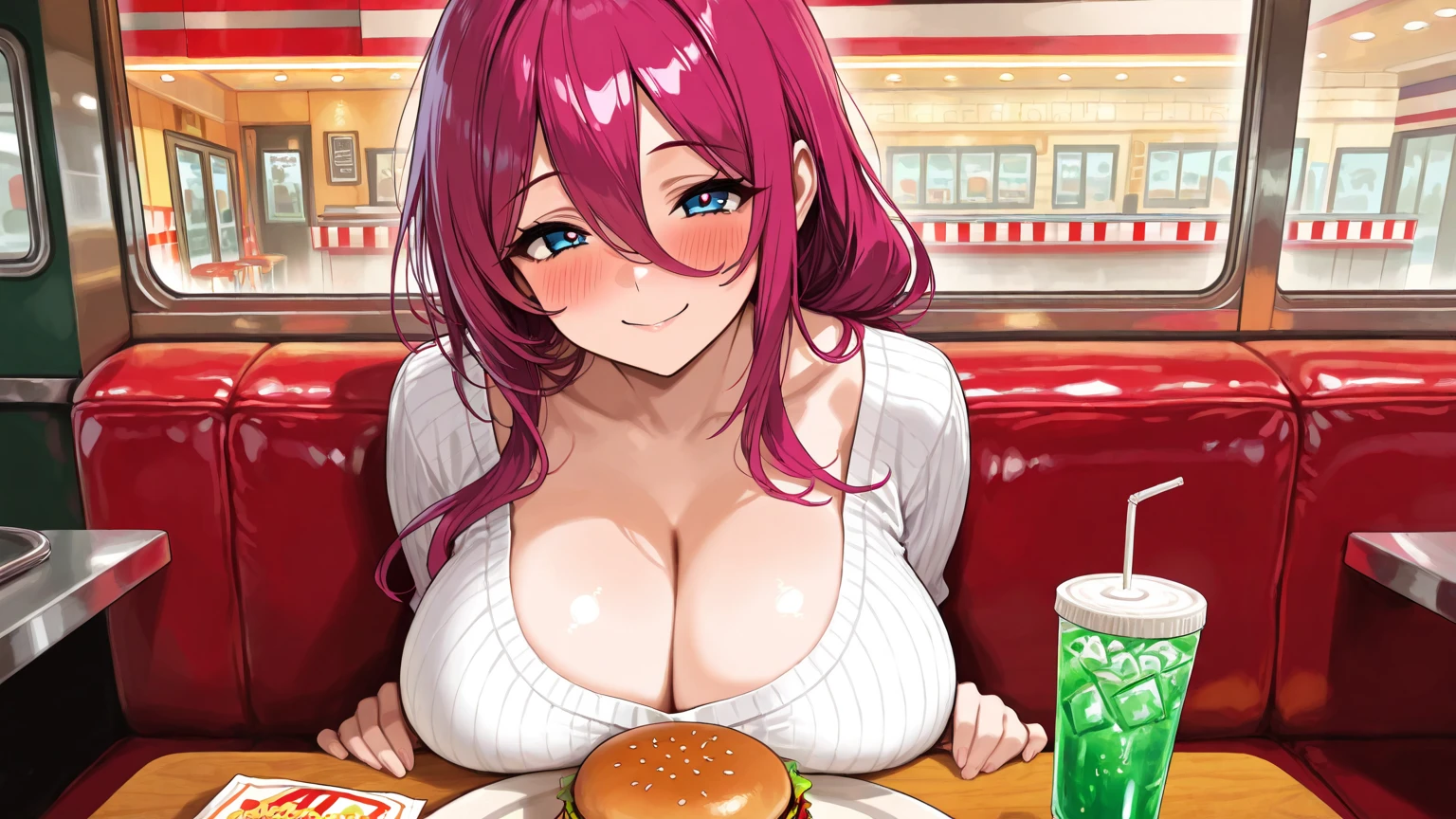 Put hamburger buns on the chest, (there are buns on the chest, women put burgers on the chest, put vegetables and burgers on the chest, spread ketchup on the chest) realistic, masterpiece, top, details look at appearance, cleavage ,sweaty legs,orgasm,,shy smile,breast cream,cartoon,mouth-watering,big breasts,big breasts,