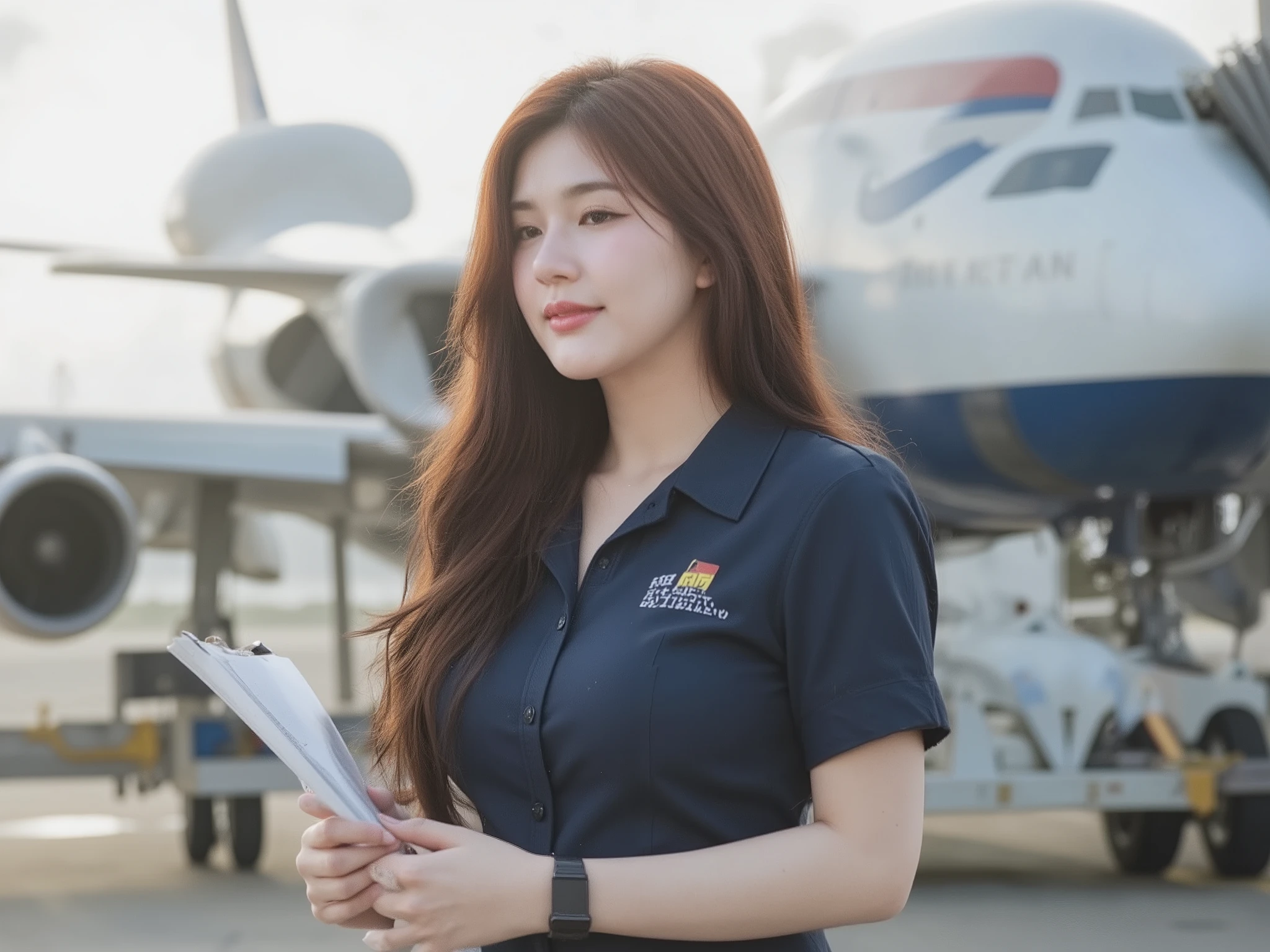 A portrait image shows a beautiful aviation engineer standing in a runway.
She is Korean-Thai. She has a long, fluffy haircut that shows off her narrow forehead. She has a voluptuous figure. She is chubby-sexy. She has a cherry-red hair colour. She smiles at the camera seductively.
She wears a blue maintenance uniform with 'PwC' logo, clipboard in hand. The backdrop is a massive British Airways Boeing 747. The vibe is the technical environment. It balances the professional setting with natural beauty elements and included specific aviation details that emphasize the scale and technical nature of aircraft maintenance in the crisp morning light!
