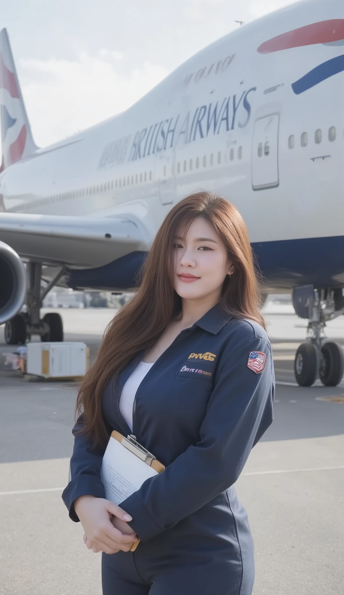 A portrait image shows a beautiful aviation engineer standing in a runway.

She is Korean-Thai. She has a long, fluffy haircut that shows off her narrow forehead. She has a voluptuous figure. She is chubby-sexy. She has a cherry-red hair colour. She smiles at the camera seductively.

She wears a blue maintenance uniform with 'PwC' logo, clipboard in hand. The backdrop is a massive British Airways Boeing 747. The vibe is the technical environment. It balances the professional setting with natural beauty elements and included specific aviation details that emphasize the scale and technical nature of aircraft maintenance in the crisp morning light! 