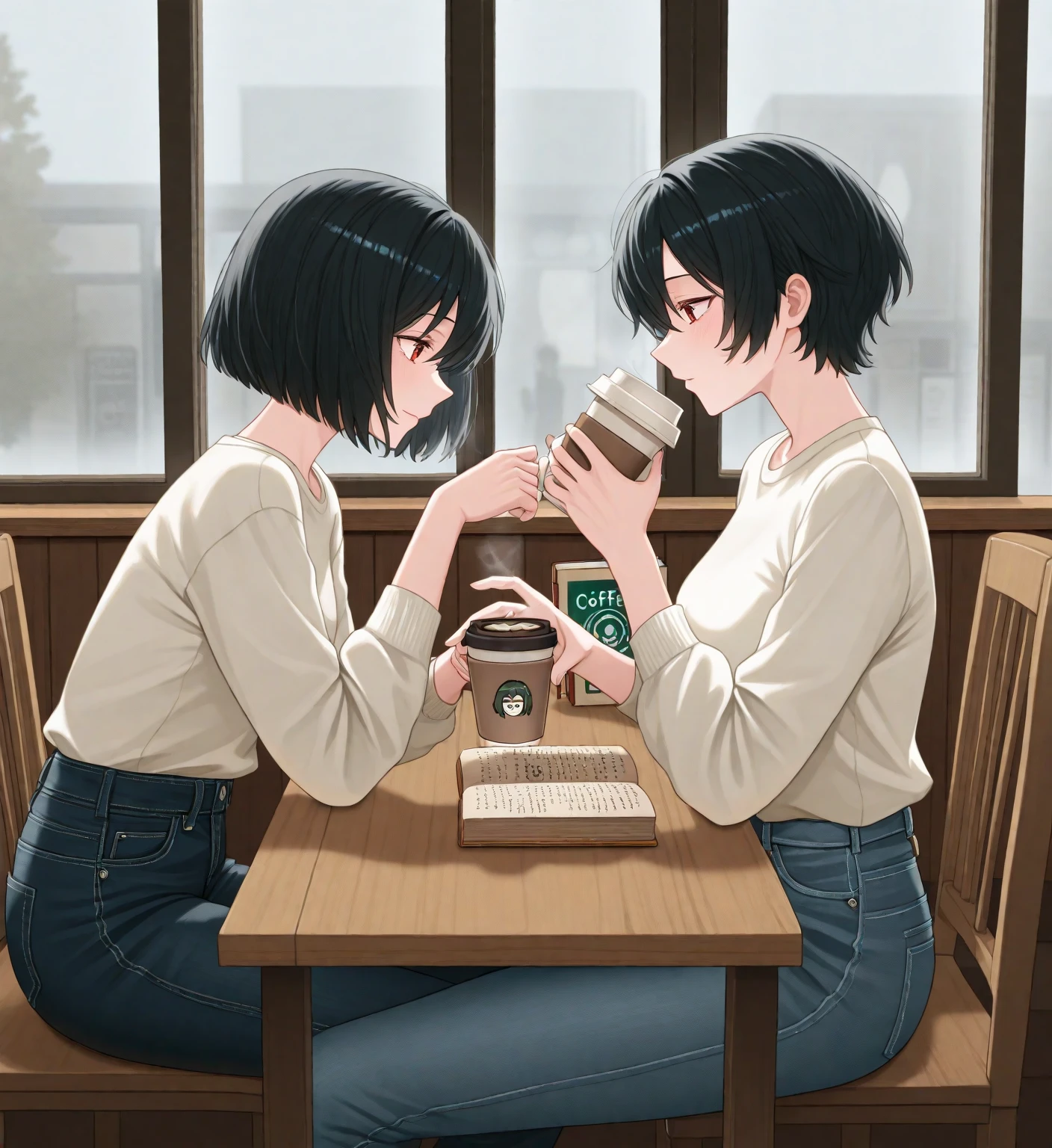(15yo girls)+,two girls eating cake at a coffee shop,dark blue short hair girl and light brown short bob hair girl, wipe wet hair with a towel,Steam rises from the tea,Coffee shop on a rainy day