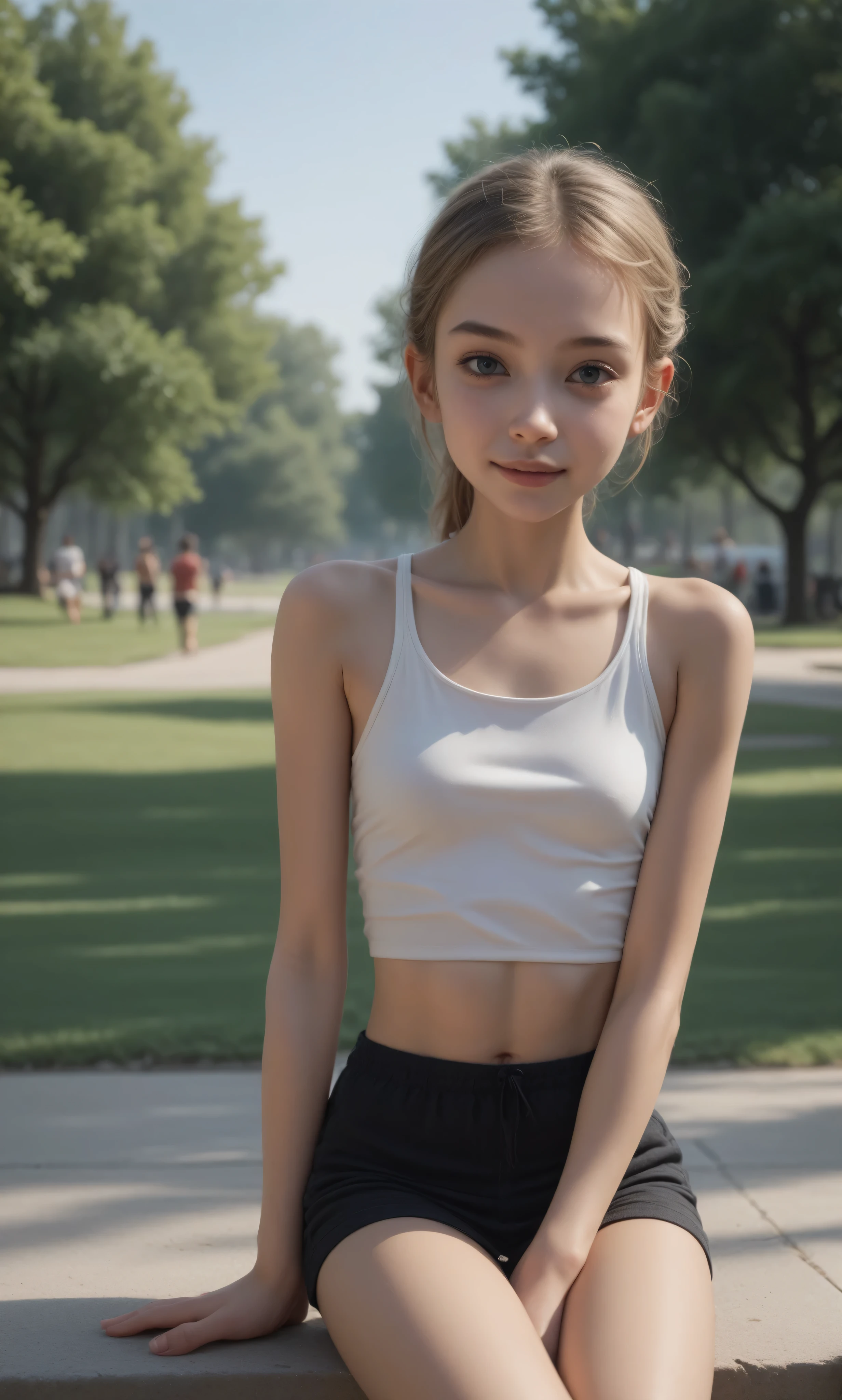 1 Girl、The tank top stretches forward with her whole body、leaning forward at the park,people sitting down 、watch viewers,(Smile Yang:0.5), (younger:1.2),(skinny:1.3),japanese,medium chest