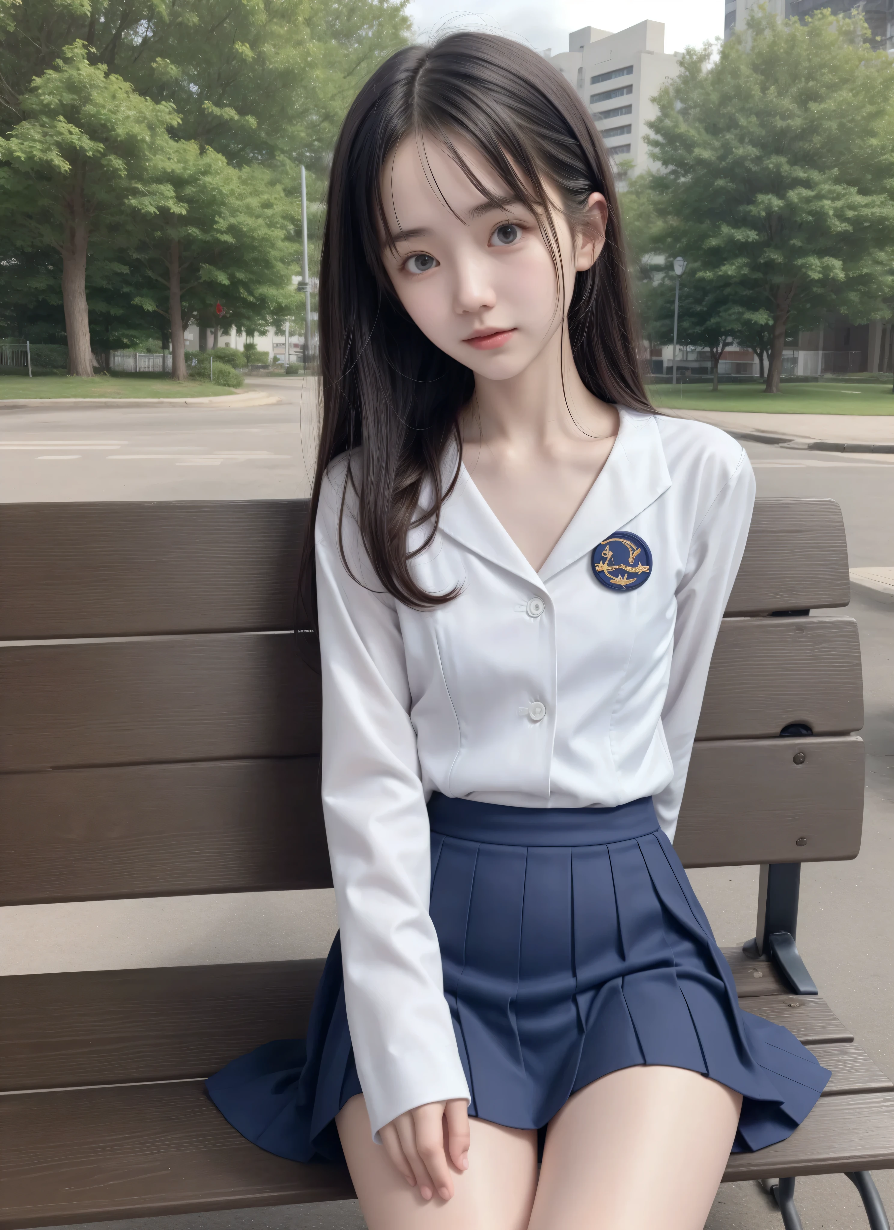 20 years old,Cute Girl,かわいいyounger女の子,slender,Skinny,short,skinny,slender body,Low body weight,younger,cute hairpins,sailor suit cosplay,navy blue skirt,realistic,is sitting on a park bench,small breasted,japanese,narrow shoulder,black tights,dark hair