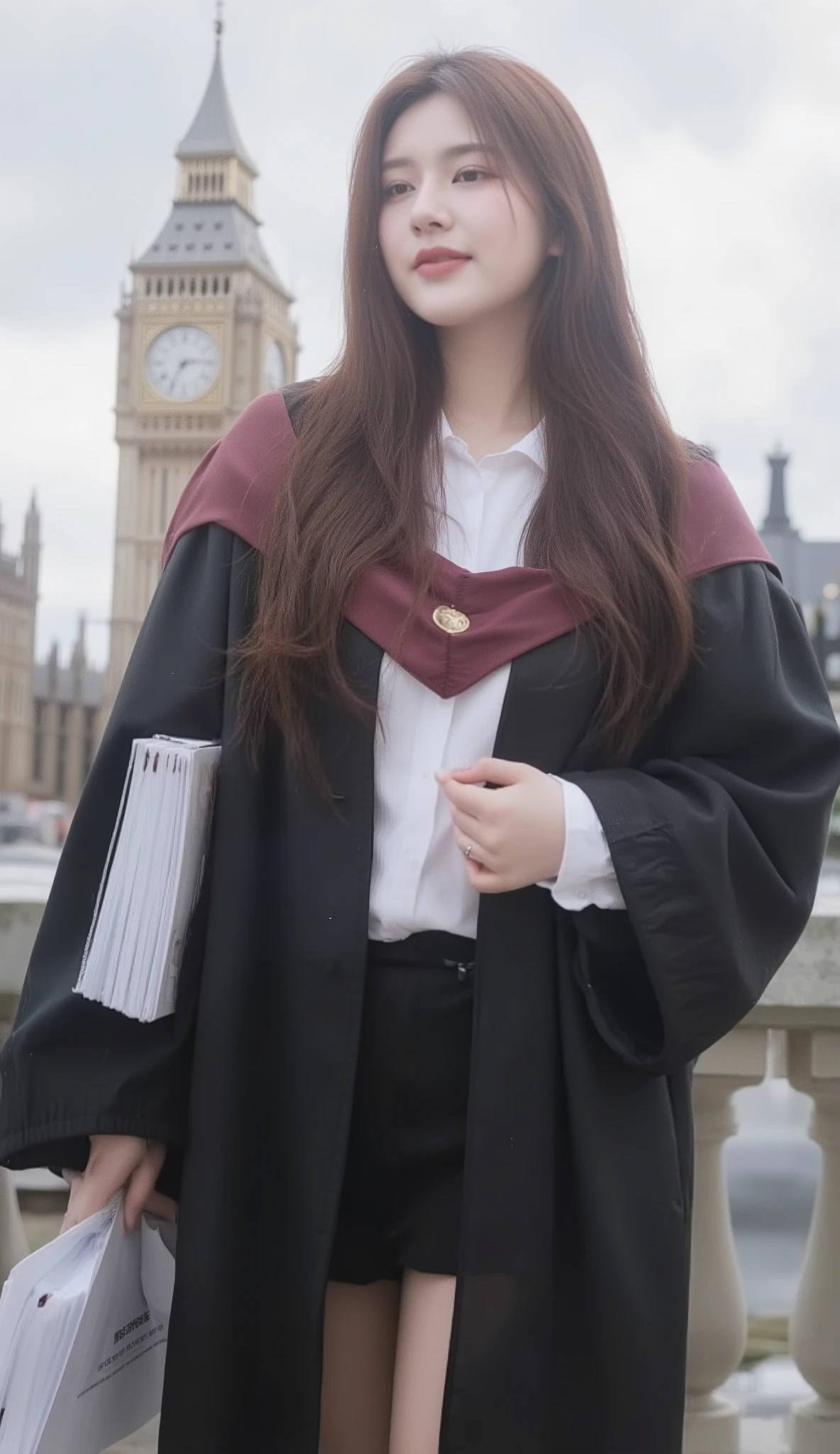 A portrait image shows a young Korean-Thai woman standing on the road in London.
She has a long, fluffy haircut, showing off her narrow forehead. She has a voluptuous figure. She is chubby-sexy. She has a dark cherry-red hair colour. She wears a graduation gown. The gown is a flowing black academic gown with wide sleeves; deep burgundy V-shaped hood/collar. The V-shaped hood/collar wraps around her neck without any separation. Underneath the V-shaped hood/collar, there is a long zipper at the front of the gown. The gown covers almost all her inside clothes, from her neck to her knees. Only a white shirt's collar is exposed from the gown. She wears a short pleated black skirt, showing off her thighs. She seductively smiles at the camera. She holds a heavy stack of documents with two hands.
The background is Big Ben. The overall landscape view is included.