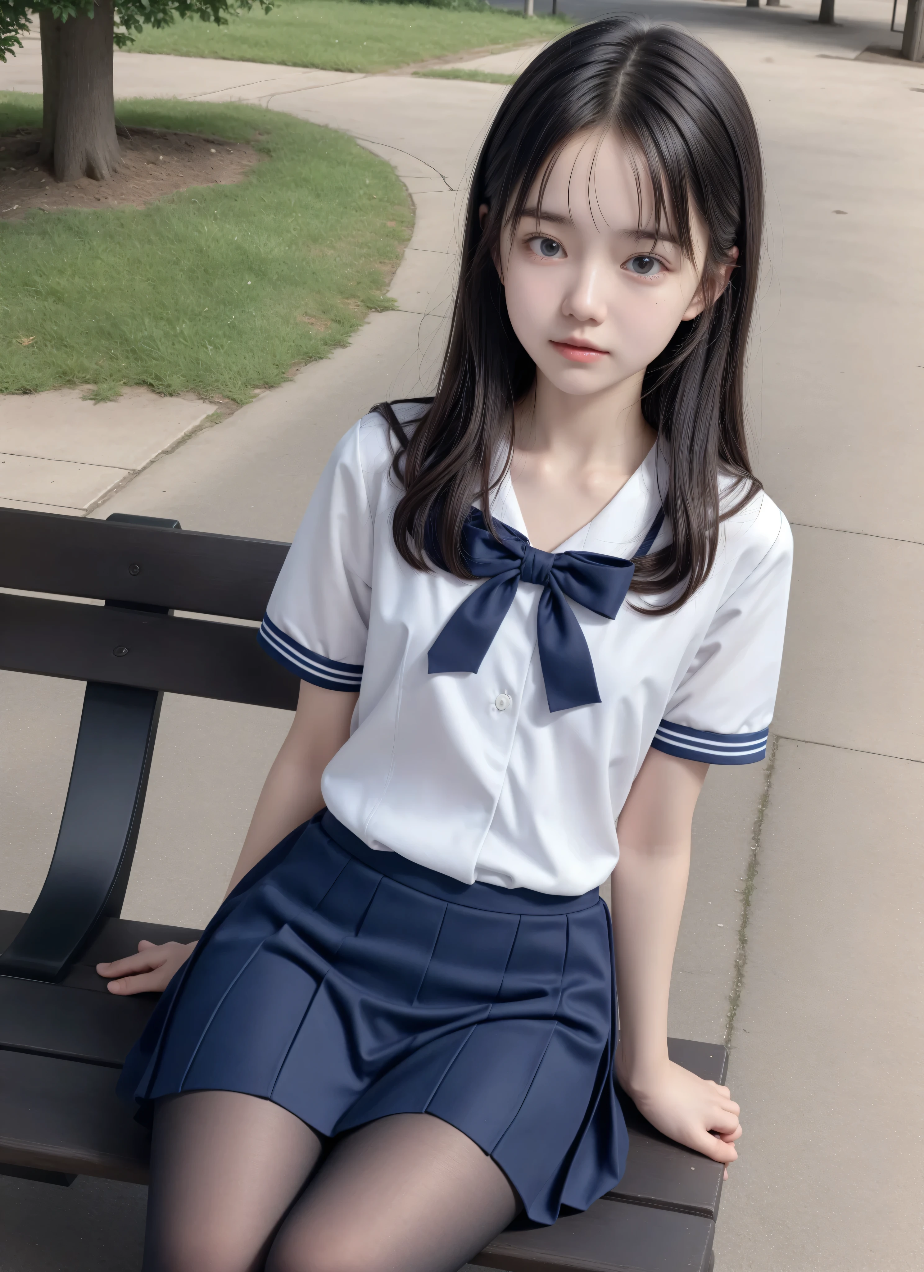 20 years old,Cute Girl,かわいいyounger女の子,slender,Skinny,short,skinny,slender body,Low body weight,younger,cute hairpins,sailor suit cosplay,navy blue skirt,realistic,is sitting on a park bench,small breasted,japanese,narrow shoulder,black tights,dark hair