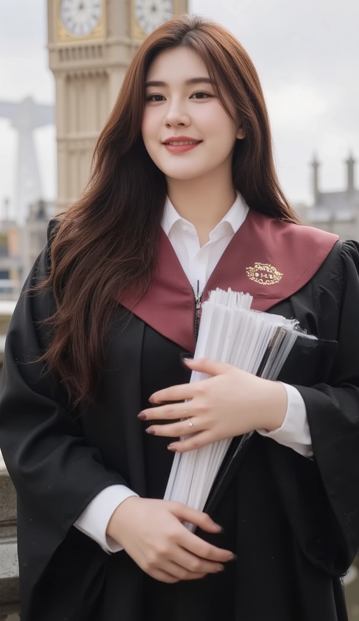 A portrait image shows a young Korean-Thai woman standing in London.
She has a long, fluffy haircut, showing off her narrow forehead. She has a voluptuous figure. She is chubby-sexy. She has a dark cherry-red hair colour. She wears a graduation gown. The gown is a flowing black academic gown with wide sleeves; deep burgundy V-shaped hood/collar. The V-shaped hood/collar wraps around her neck without any separation. Underneath the V-shaped hood/collar, there is a long zipper at the front of the gown. The gown covers almost all her inside clothes, from her neck to her knees. Only a white shirt's collar is exposed from the gown. She seductively smiles at the camera. She holds a heavy stack of documents with two hands.
The background is Big Ben. The overall landscape view is included.
