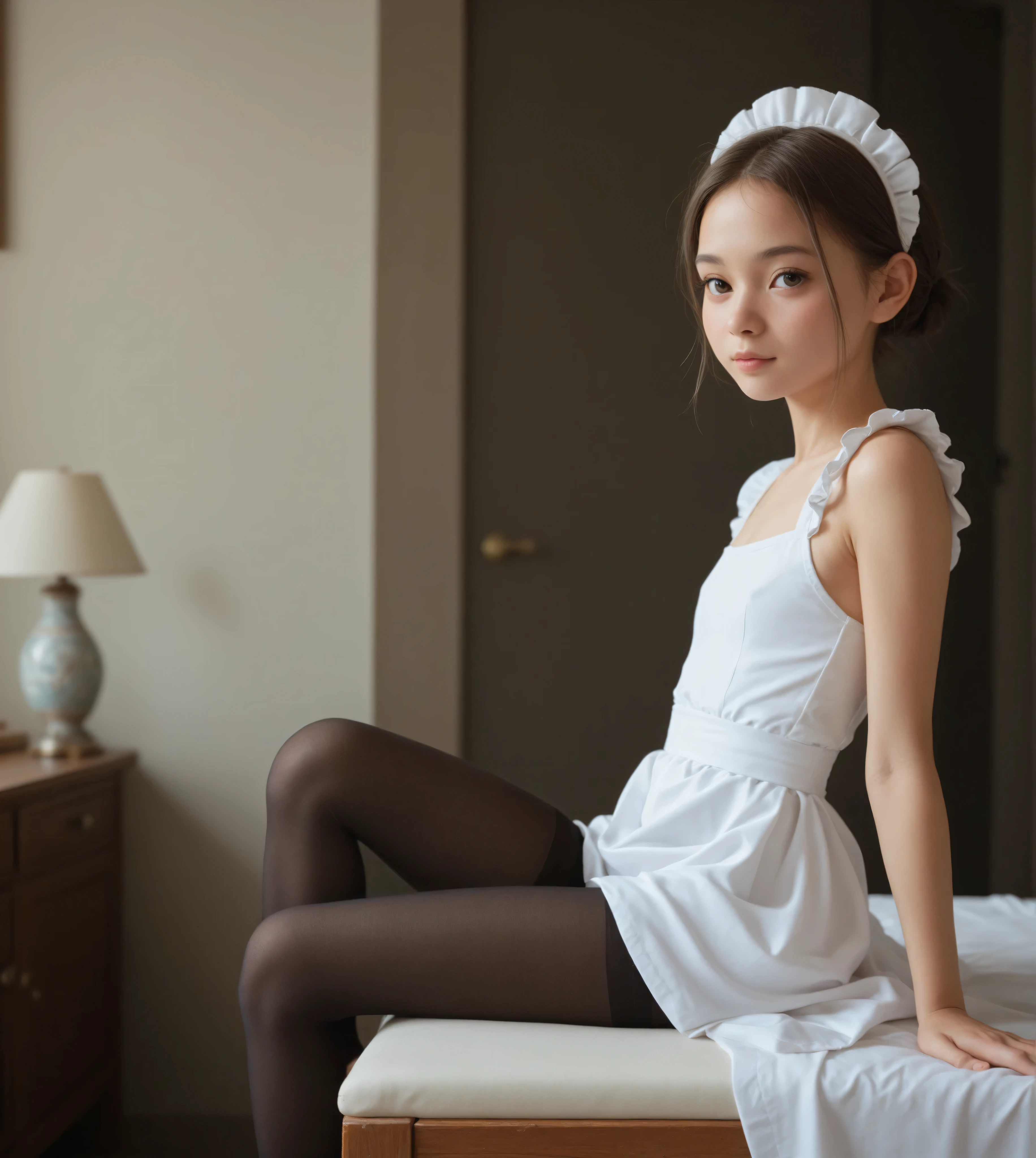 1 Girl、maids、(Smile Yang:0.3)、is looking here,sitting、 Thin tights 、From the side、open both legs,(younger:1.5),(skinny:1.1),japanese
