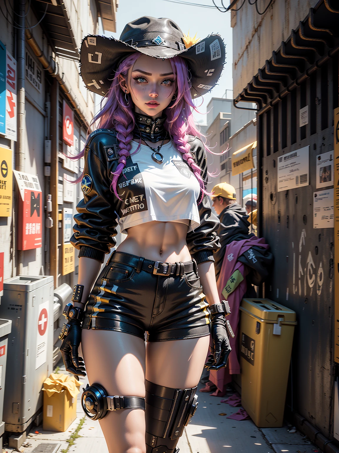 Beautiful woman medium hair, wearing cap, cyberpunk style short clothes