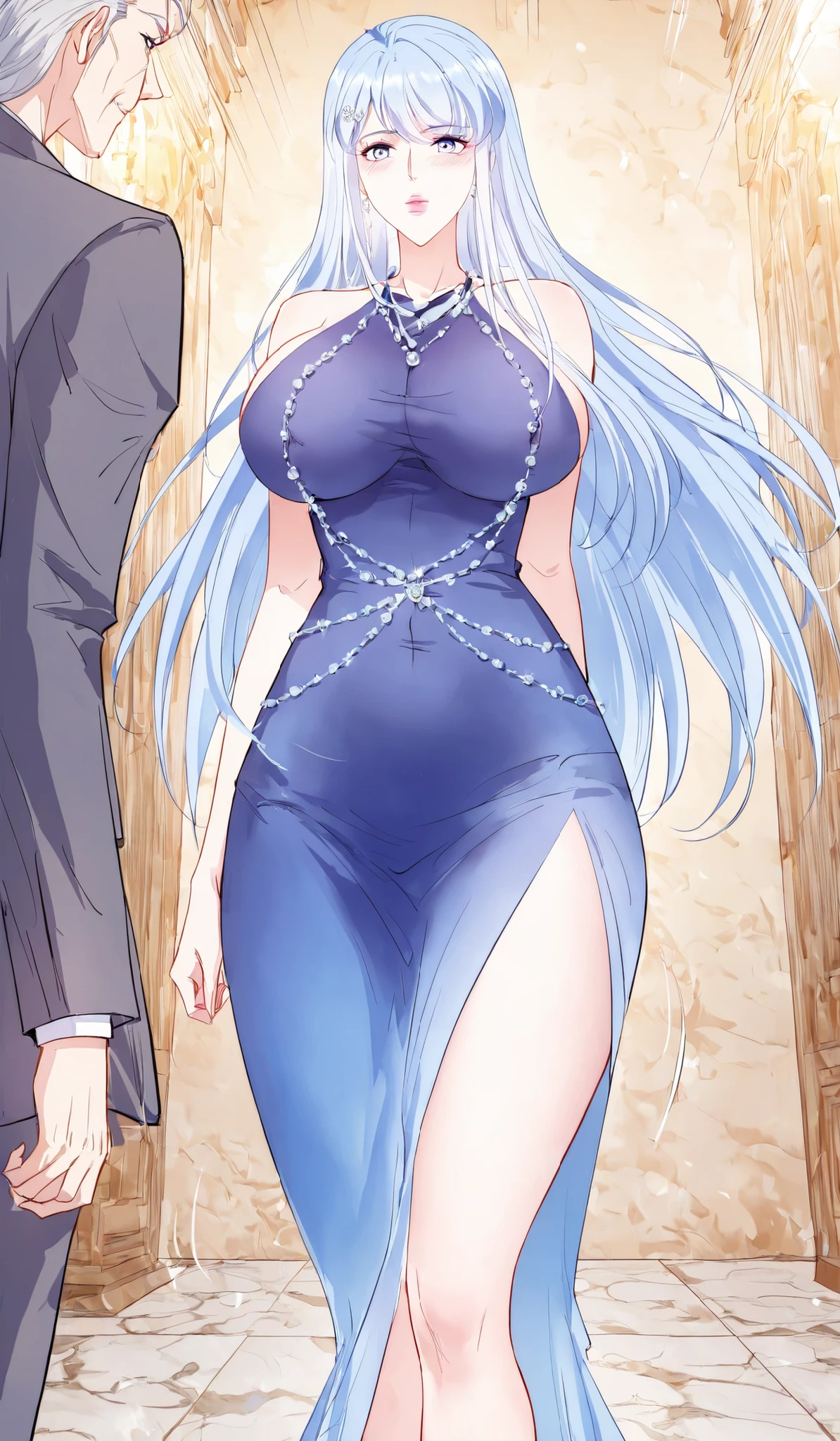 1girl, Xia Yu Xuan, blue eyes, light blue hair, long hair, pink lips, large medium breast, beautiful breast, perfect ratio, slim, horny, blue dress, elegant, detailed silver chain accents, halter top, hair ornament , full face focus, naked, nude, nsfw, masterpiece, best quality, very aesthetic, absurdres, best illustration, large breasts, very detailed face, detailed eyes, detailed background, masterpiece, best quality, amazing quality , big breasts, wuxia world theam, goddess, wuxia manhua, cultivator, cultivation qi,detailed face,milf, mature woman , mature milf, mature face, low angle, face focus,unalighned breasts, motion lines, (manhua), woman on four on stone floor , detailed face, front view, face view, low view, mature milf body, perfect random angle, standing, old man in rich suit in behind, man, security, reveling cloth, side boobs, middle opening, erected , party, high class business party,