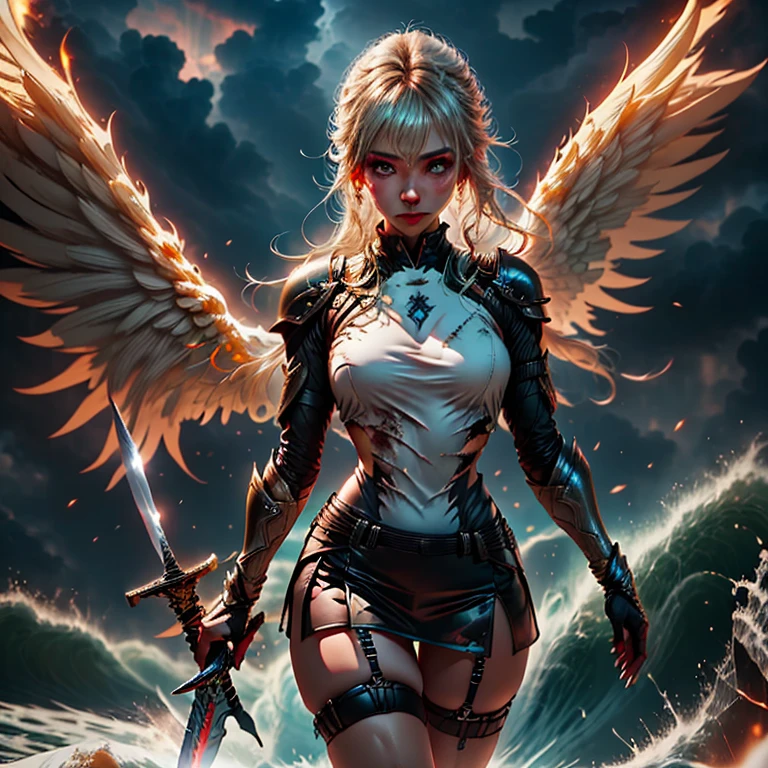 There is a beach there stand female , she have beatiful face and different eyes colour right red left is blue, with sexy dark make up, her right half of her hair is crimson red and left half is blond, she have demonic horn on right side of her head, also she have wings on her back, right wing is demonic and left angelic wing, she dressed in dres which is black sexy right side and white half on left part of a dress, (ultra high quality fantasy art, dark fantasy style, masterpiece, ultra high quality character design, 8k quality anime art, realistic anime art, top quality wallpaper illustration, detailed ultra high quality accurate face, high quality design and accurate physic)