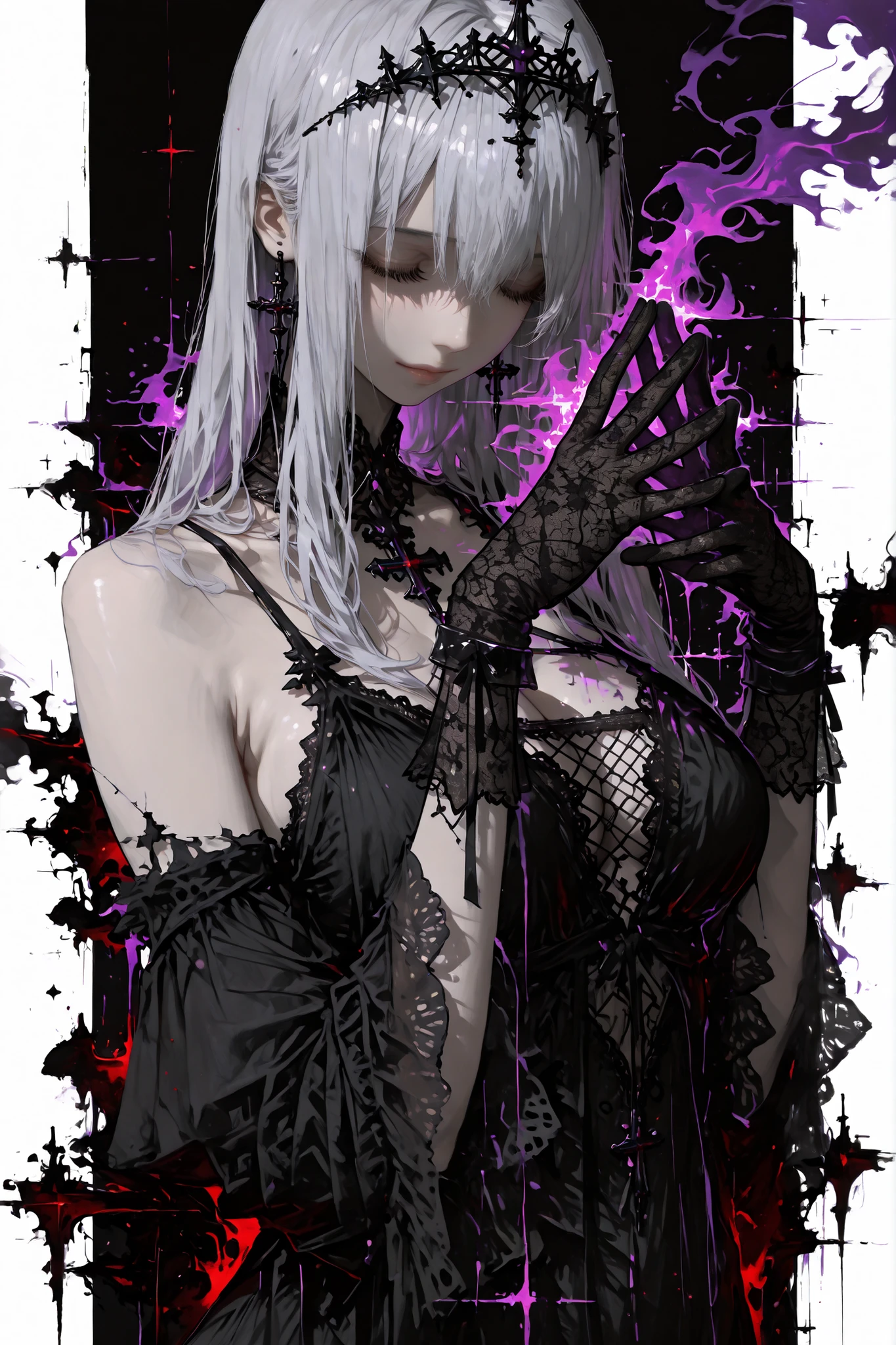 darkness falls, ((solo)). ((extreme detailed cinematic poster)), (masterpiece, detailed:1.2), ultra high quality, semi-realistic anime style, soft lighting, gentle warm shading, elegant and delicate atmosphere, beautiful silver-haired girl, face centered, symmetric face, balanced facial features, long hair, close eyes, (eyes closer together:1.2), play, (close-set eyes), (large breast), serene expression, centered composition,Thin and soft loose clothing, black broken tiara with a vine motif, black tattered negligee dress, loose and soft fabric, airy and gentle texture, sheer sleeves, lightly translucent, relaxed silhouette, soft lace details around neckline and cuffs, thin straps starting above the chest and running straight to the shoulders (single strap each), lace weaving gloves , natural hand shape, correct anatomy, fantasy magical elements behind her, subtle purple-red energy cracks, black background with soft fire accents, elegant glow effects, shimmering atmosphere, cinematic rim lighting, soft focus, smooth gradients, symmetrical framing, SFW,