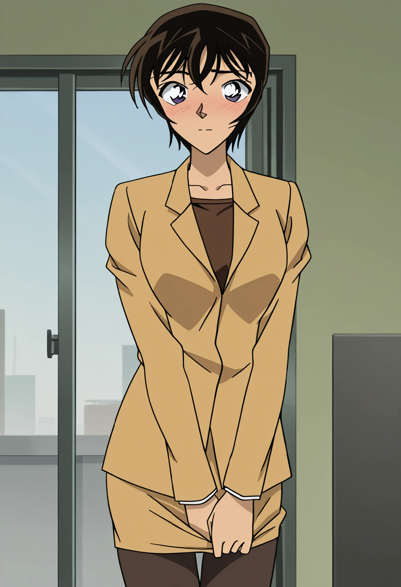 score_7_up,anime_screenshot,OFFICIAL ART,anime coloring, official anime artwork, screencap, anime screencap,uncensored,nsfw,1990s \(style\),Detective Conan style,
BREAK 1girl, solo,
SatohM_T0V0-TMIL, black hair, brown hair, short hair, bangs, black eyes, purple eyes, medium breasts,BREAK,
formal, light brown jacket, brown shirt, collarbone, long sleeves,mini pencil skirt,white panties,black pantyhose,panties under pantyhose,highheel, BREAK,
standing,lifting skirt, BREAK,blush embarrassed, closed mouth,BREAK,cowboy shot,from front,
looking at viewer,indoors, office, window, day,