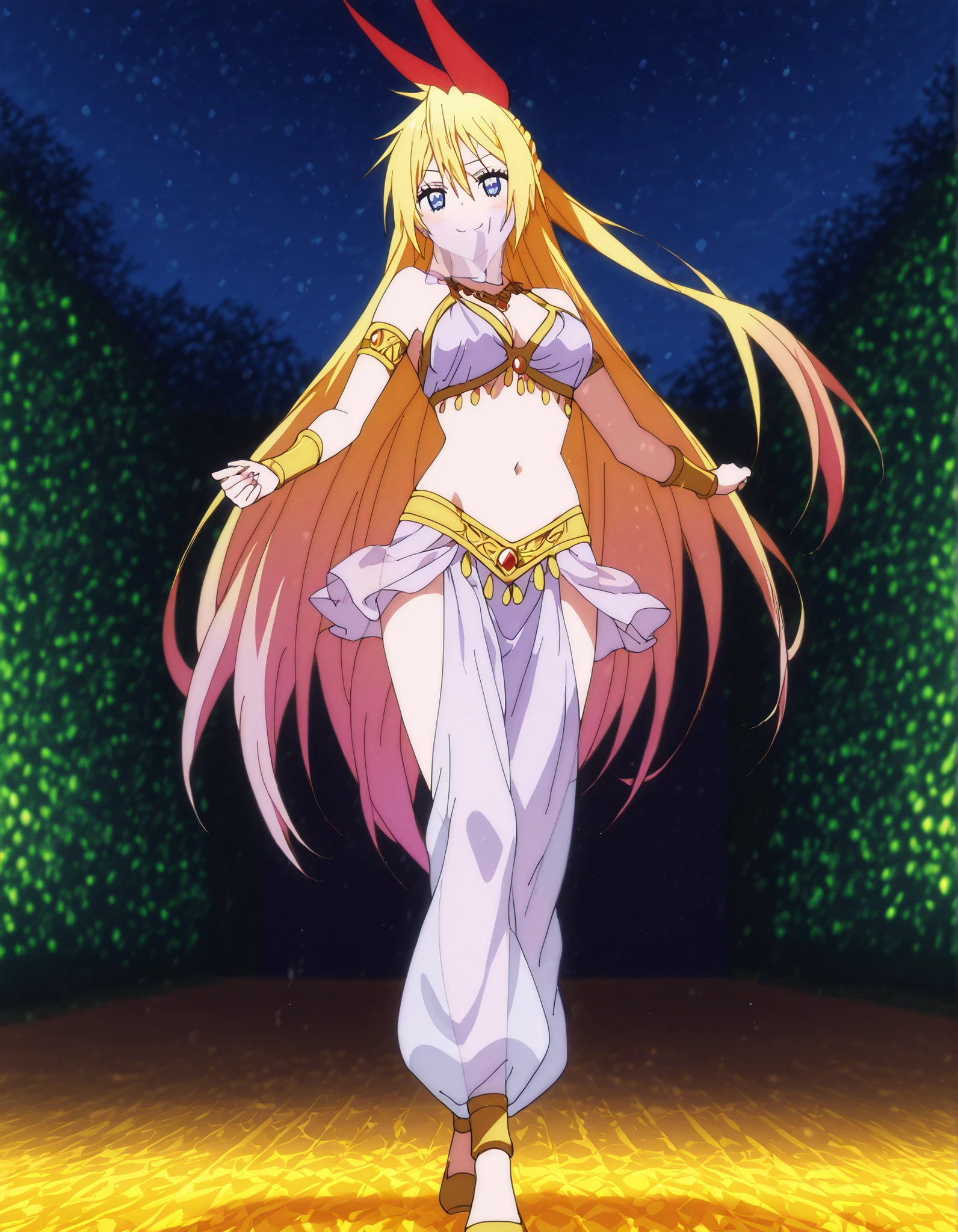 (1girl:1 . 5) , (Seul:1 . 5) , score_9 , score_8_haut , score_7_haut , source_anime , Official work  , ultra-detailed , masterpiece , best quality , high resolution , beaux yeux , detailed eyes , Detailed face , beautiful detailed eyes,<lora:chitoge-kirisaki-s2-ponyxl-lora-nochekaiser:1>;1girl,long hair, blue eyes, blonde hair, ribbon, hair between eyes, very long hair, hair ribbon, multicolored hair, red ribbon, gradient hair, anime screencap,Nisekoi,Chitoge Kirisaki,<lora:arabian-clothes-illustriousxl-lora-nochekaiser:1>;Arabian Clothes , Arabian Dancer Outfit ,belly dancer costume,belly dancer outfit ,full body,golden jewelery,mouth veil,armlet,belly dancing,night,arabian garden,seductive smile, dancing with veil, dynamic movement,dance posture, seductive pose