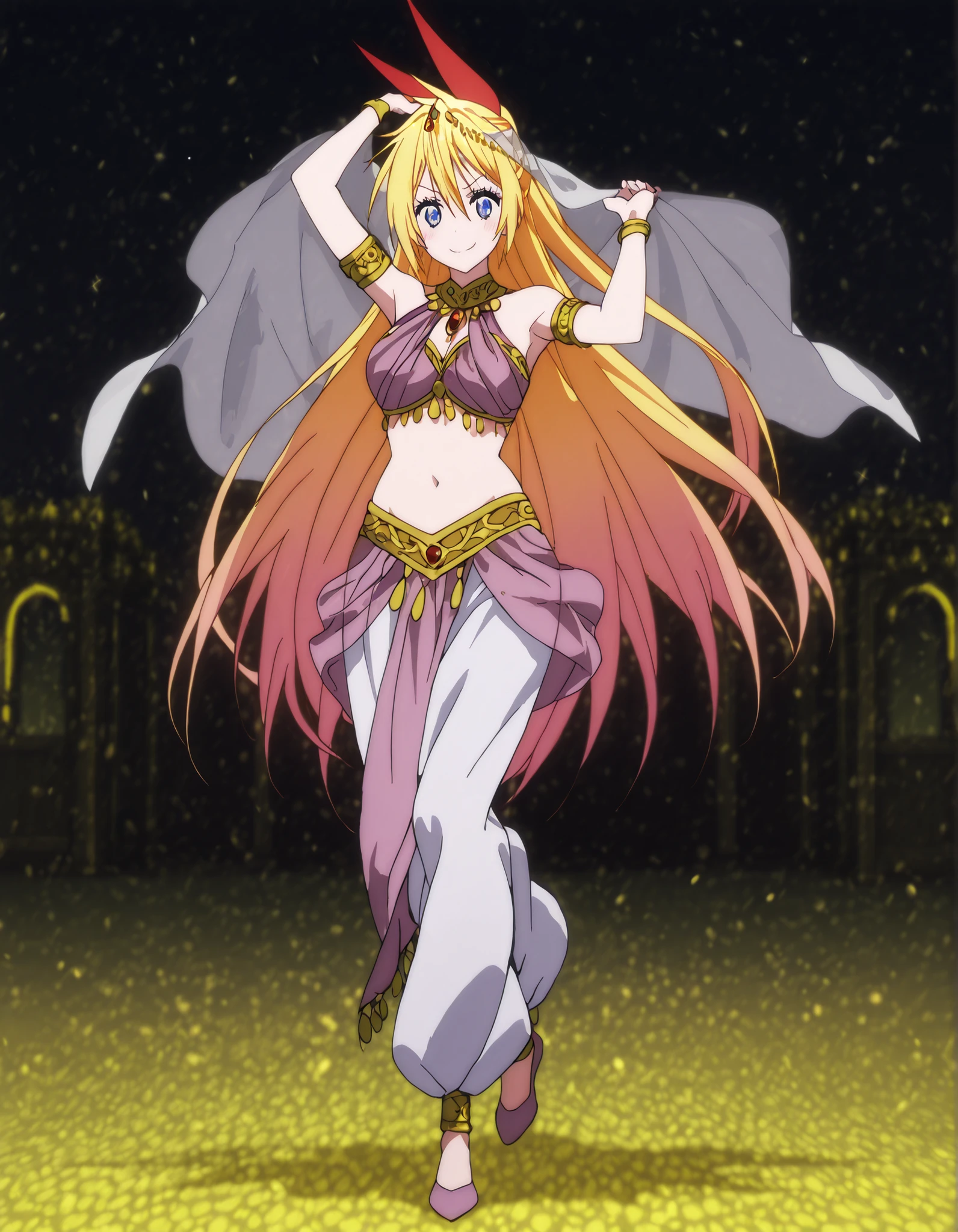(1girl:1 . 5) , (Seul:1 . 5) , score_9 , score_8_haut , score_7_haut , source_anime , Official work  , ultra-detailed , masterpiece , best quality , high resolution , beaux yeux , detailed eyes , Detailed face , beautiful detailed eyes,<lora:chitoge-kirisaki-s2-ponyxl-lora-nochekaiser:1>;1girl,long hair, blue eyes, blonde hair, ribbon, hair between eyes, very long hair, hair ribbon, multicolored hair, red ribbon, gradient hair, anime screencap,Nisekoi,Chitoge Kirisaki,<lora:arabian-clothes-illustriousxl-lora-nochekaiser:1>;Arabian Clothes , Arabian Dancer Outfit ,belly dancer costume,belly dancer outfit ,full body,golden jewelery,armlet,belly dancing,arabian garden,seductive smile, dancing with veil, dynamic movement,dance posture, seductive pose