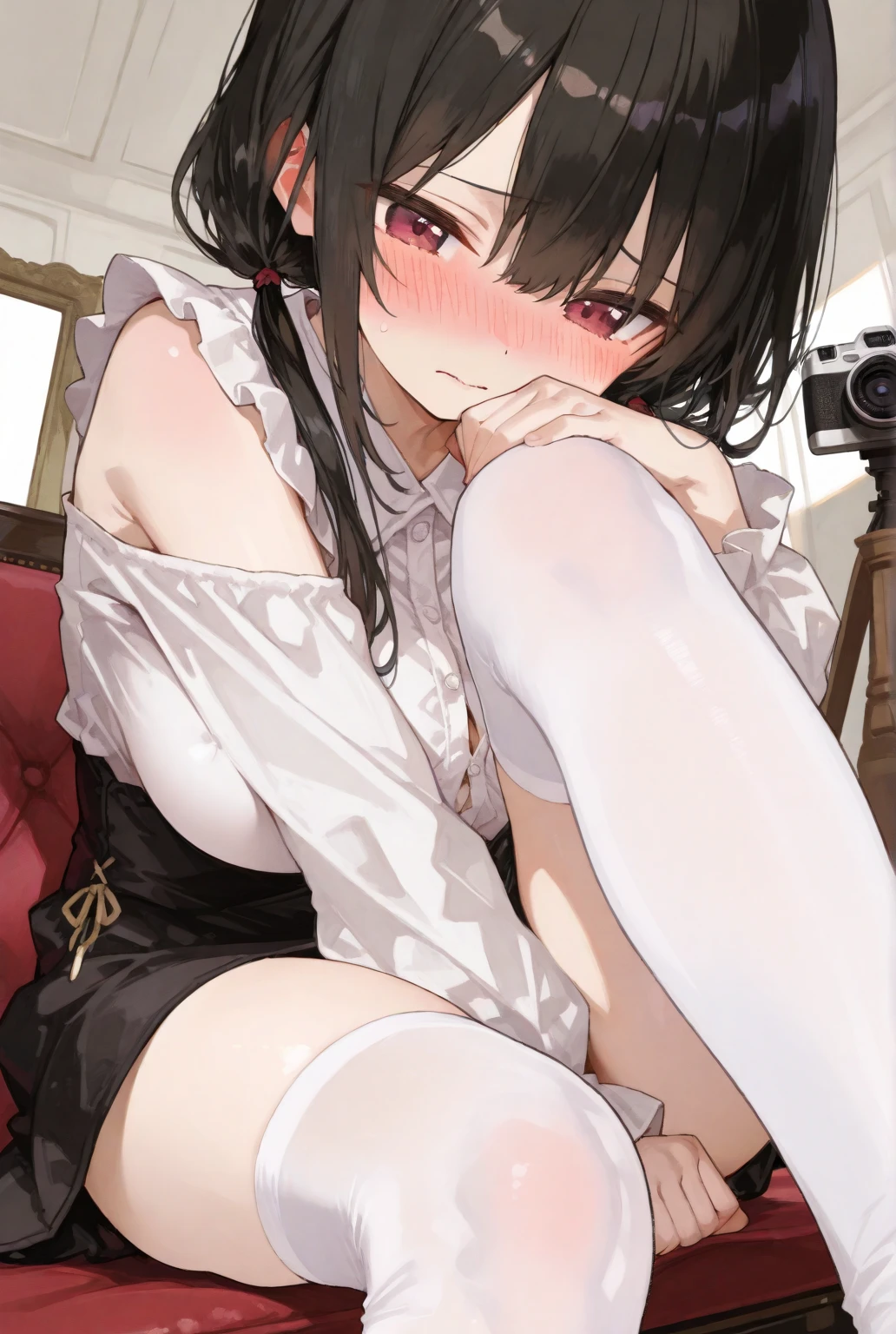 An anime girl wearing JK black silk sitting on the bed，Bend your legs to expose the soles of your feet， anime backgrounds， Fine details