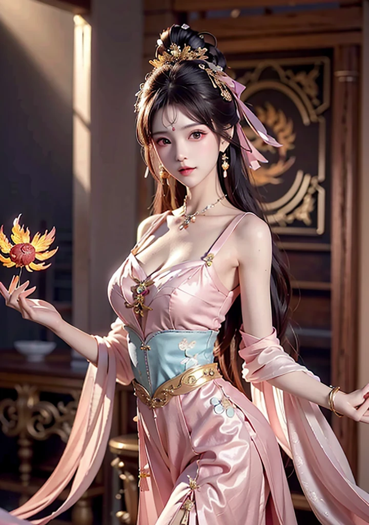 best quality, masterpiece, highres, 1girl,blush,( smile:0.8),star-shaped pupils,sexy china hanfu in pink, princess, very luxury, hair ornament,necklace, jewelry,Beautiful face, shoulder is open, with her back turned, hands behind butt, tyndall effect,photorealistic, dark studio, rim lighting, two tone lighting,(high detailed skin:1.2), 8k uhd, dslr, soft lighting, high quality, volumetric lighting, candid, Photograph, high resolution, 4k, 8k, Bokeh