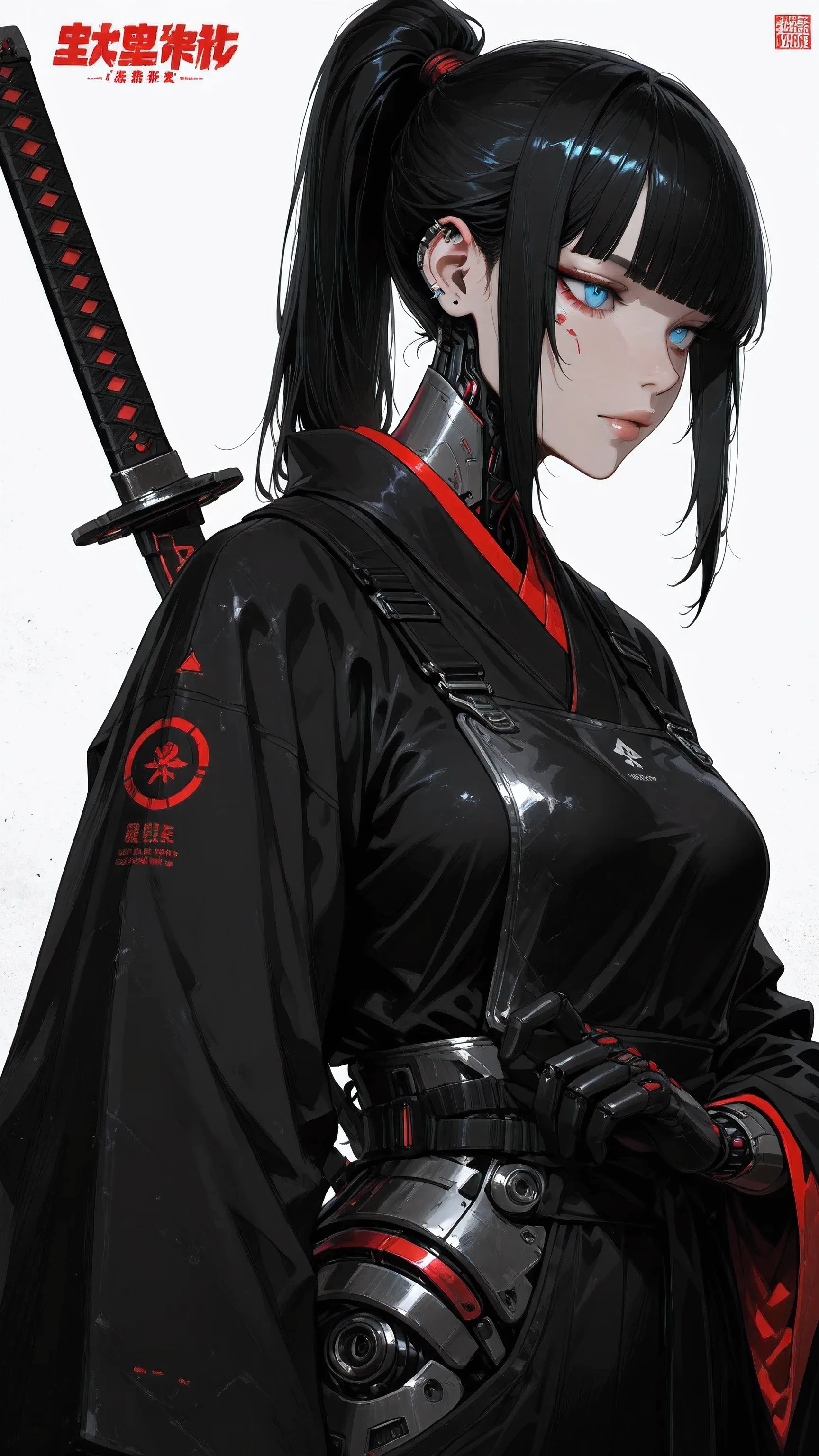 The image depicts a striking cyberpunk samurai figure in a three-quarter profile view against a minimalist white background. She wears a sleek black kimono with high collar and wide sleeves, blending traditional Japanese attire with futuristic elements. A glossy black helmet covers her head, featuring angular red glowing accents, mechanical joints, and cybernetic enhancements that extend into a high ponytail. Strapped to her back is a large futuristic gun, while a sheathed katana hangs at her waist, gripped by a white-gloved hand. Bold yellow and red Chinese or Japanese characters spell out "GIBLS" vertically on either side, with additional stylized text and seals adding to the poster-like composition.
The overall style is highly polished digital art with a glossy, high-contrast finish, emphasizing sharp lines, metallic textures, and subtle neon highlights. The figure's pose is confident and poised, with fabric folds and armor plates rendered in meticulous detail, creating a sense of motion and power. The fusion of ancient samurai aesthetics with cybernetic modifications evokes a dystopian warrior aesthetic, moodily intense yet elegantly composed, reminiscent of anime and sci-fi poster designs.
Rendered in a photorealistic digital style, the artwork employs dramatic lighting and high contrast to emphasize textures—from the smooth, flawless skin to the rugged, weathered metal—creating a hauntingly beautiful tension between beauty and technology. The overall atmosphere is introspective and futuristic, inviting viewerscyberpunk, portrait, woman, mechanicalhand, cybernetic, futuristic, closeup, wethair, blueeyes, paleskin, metallicfingers, dystopian, sci-fi, detailed, realistic, atmospheric, moody, highcontrast, digitalart, intricatedetails, humanmachinefusion, intensegaze, subtletears, nosepiercing, blackhair, bangs, softlips, glowingaccents, industrialdesign, ethereal, hyperrealistic