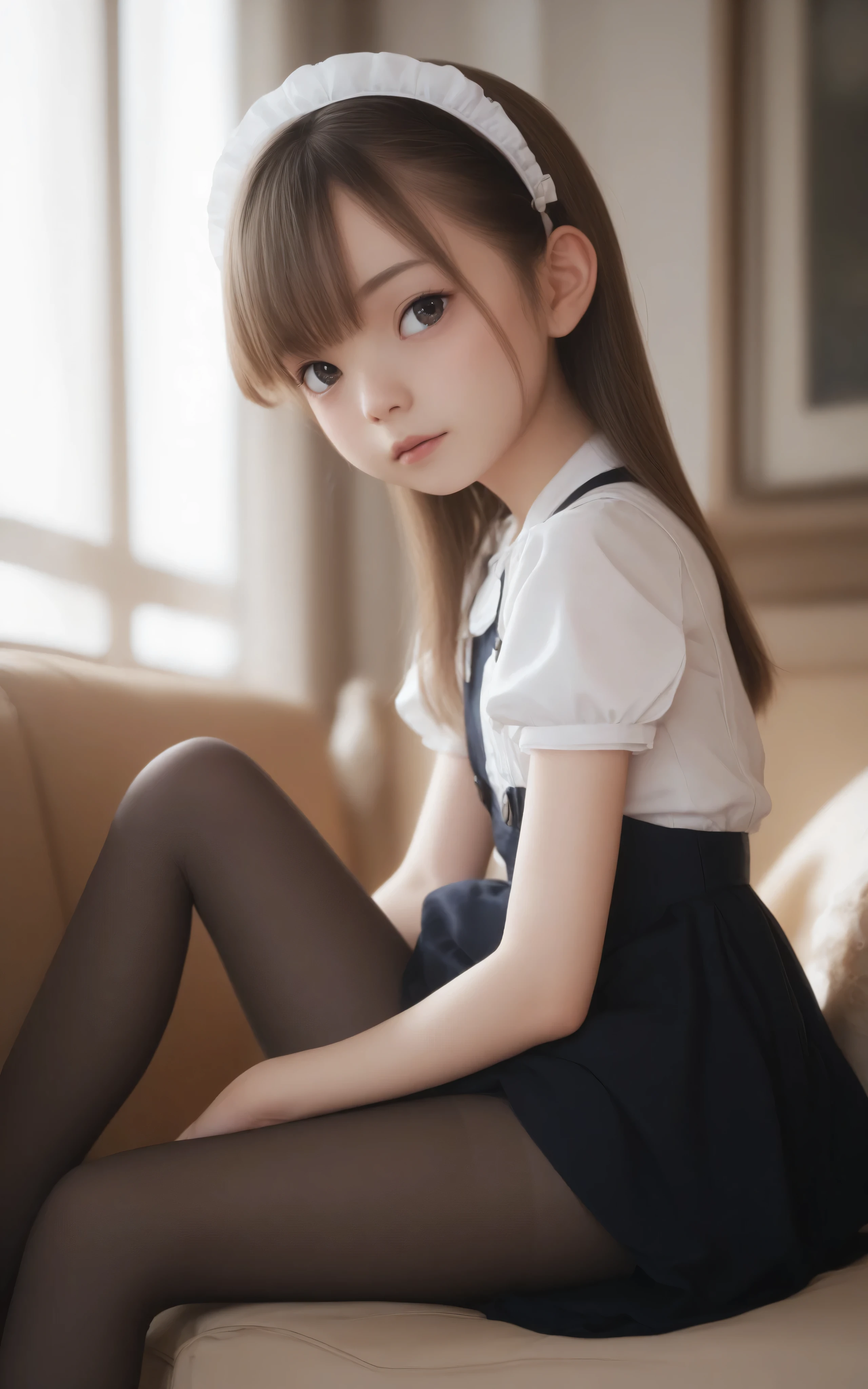 1 Girl、maids、(Smile Yang:0.3)、is looking here,sitting、 Thin tights 、From the side、open both legs,(younger:1.5),(skinny:1.1),japanese