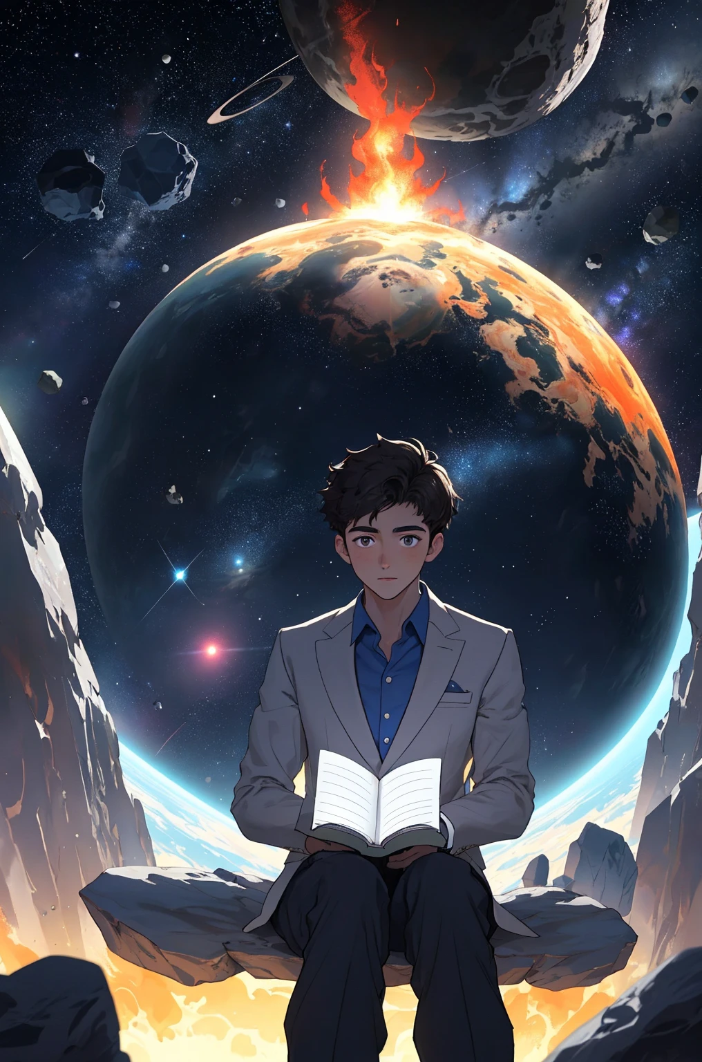 Dessine un jeune programmeur, assis sur une plateforme de recherche flottant au milieu d'une ceinture d'Asteroids. He is studying with a notebook, entouré de plusieurs Asteroids brillant d'auras de feu. Spectacular lighting from'étoiles et de planètes lointaines illumine la scène, projetant des ombres profondes sur le costume. Le jeune homme a l'confident and determined air, regarder l'Vast and mysterious universe with wonder and respect,Poils, tir de cow-boy,