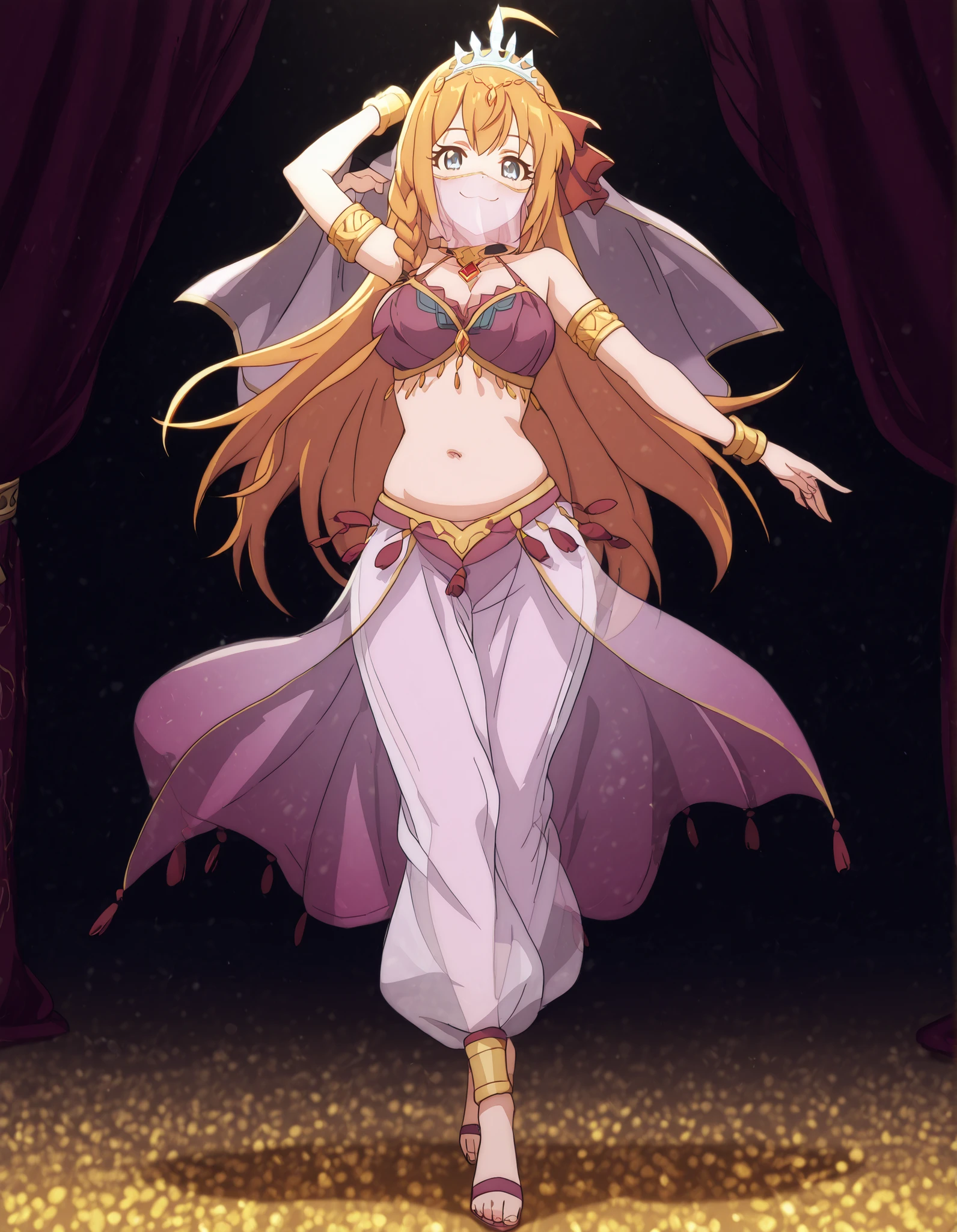 (1girl:1 . 5) , (Seul:1 . 5) , score_9 , score_8_haut , score_7_haut , source_anime , Official work , ultra-detailed , masterpiece , best quality , high resolution , beaux yeux , detailed eyes , Detailed face , beautiful detailed eyes,, <lora:Pecorine-Ponyxl-Lora-Nochekaiser:1>;1girl,blue eyes, hair ornament, long hair, orange hair, braid, hair braid, anime screencap,Princess Connect!,Pecorine,<lora:arabian-clothes-illustriousxl-lora-nochekaiser:1>;Arabian Clothes , Arabian Dancer Outfit ,belly dancer costume,belly dancer outfit ,full body,golden jewelery,mouth veil,armlet,belly dancing,arabian theater,seductive smile, dancing with veil, dynamic movement,dance posture, seductive pose