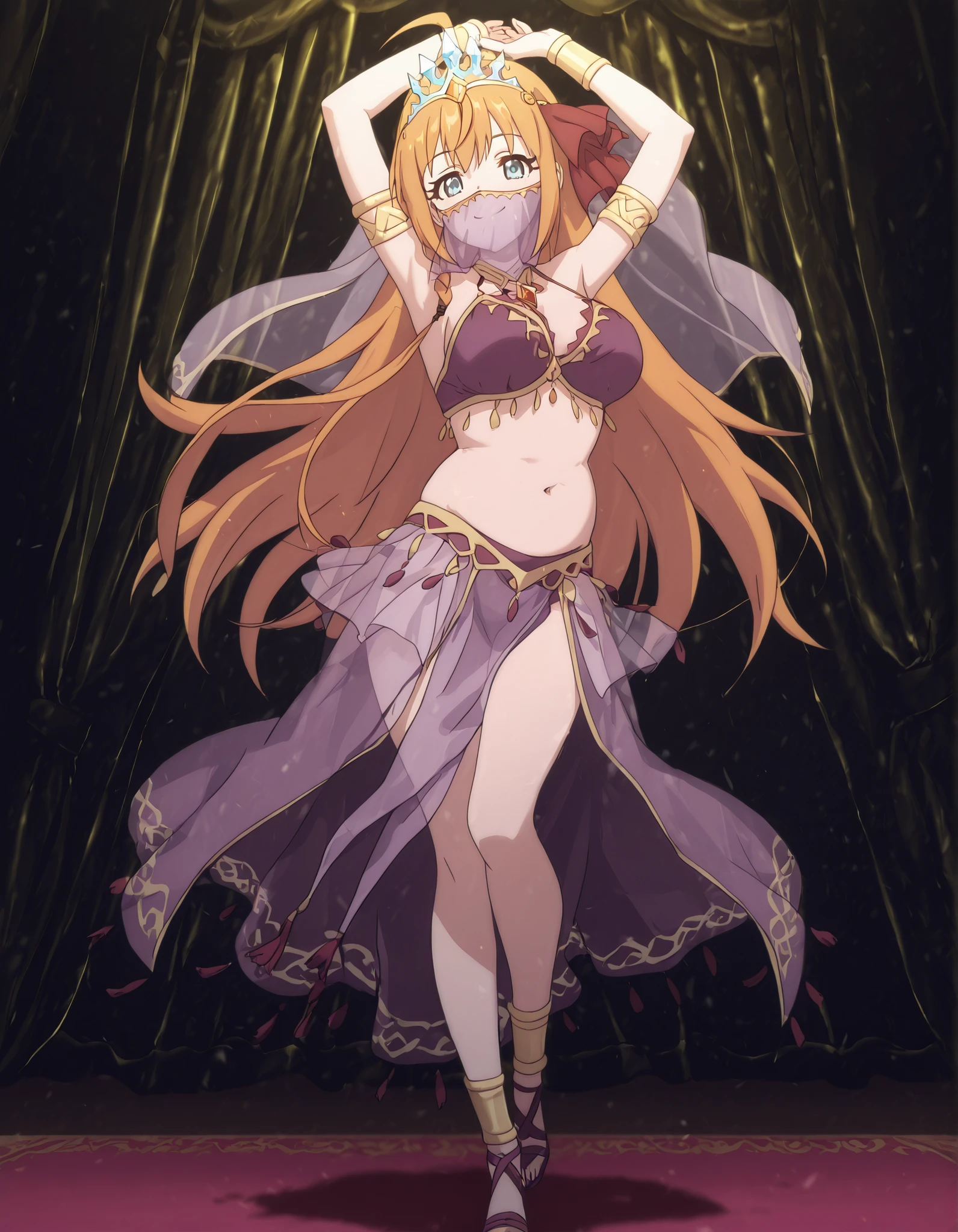 (1girl:1 . 5) , (Seul:1 . 5) , score_9 , score_8_haut , score_7_haut , source_anime , Official work , ultra-detailed , masterpiece , best quality , high resolution , beaux yeux , detailed eyes , Detailed face , beautiful detailed eyes,, <lora:Pecorine-Ponyxl-Lora-Nochekaiser:1>;1girl,blue eyes, hair ornament, long hair, orange hair, braid, hair braid, anime screencap,Princess Connect!,Pecorine,<lora:arabian-clothes-illustriousxl-lora-nochekaiser:1>;Arabian Clothes , Arabian Dancer Outfit ,belly dancer costume,belly dancer outfit ,full body,golden jewelery,mouth veil,armlet,belly dancing,arabian theater,seductive smile, dancing with veil, dynamic movement,dance posture, pose