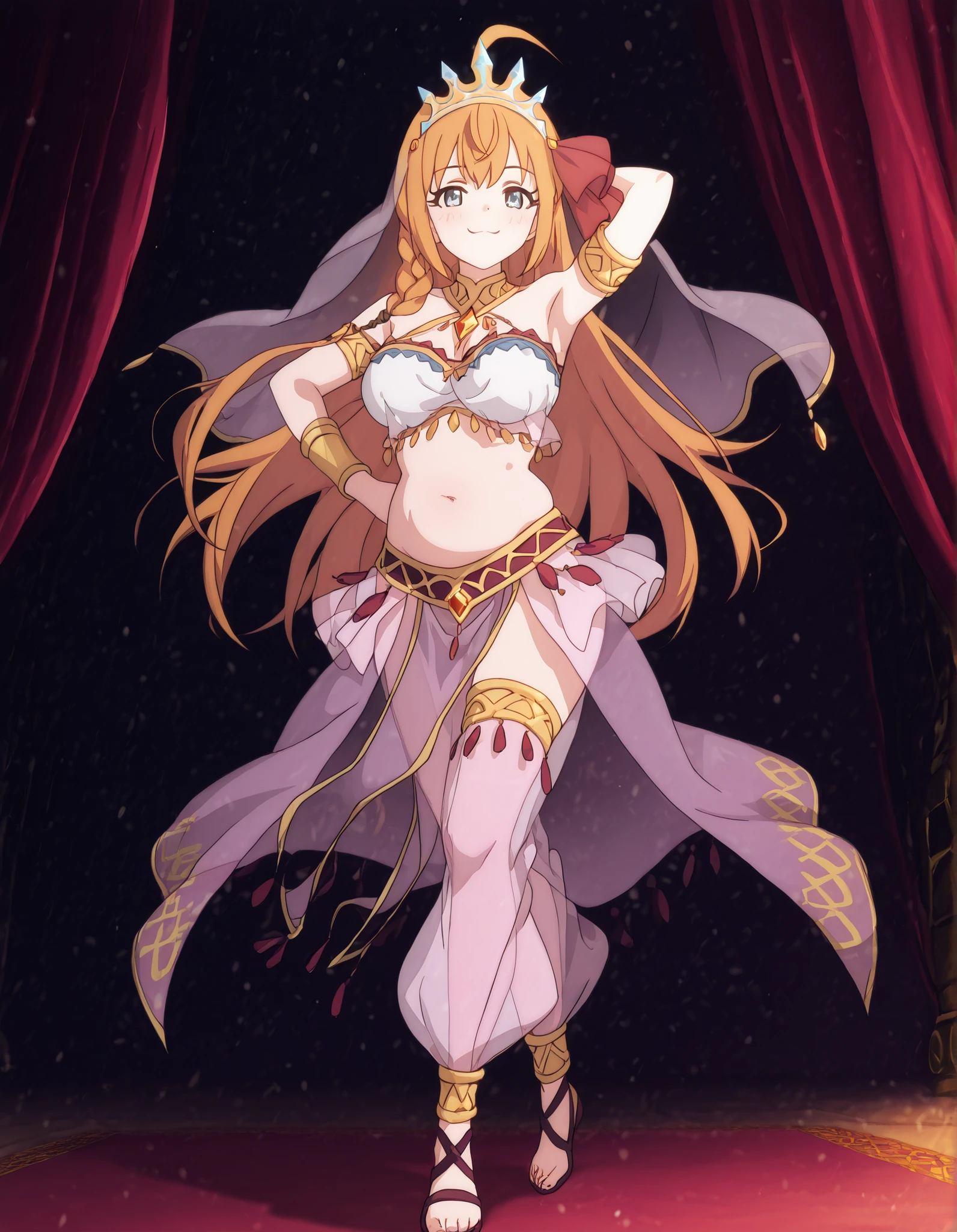 (1girl:1 . 5) , (Seul:1 . 5) , score_9 , score_8_haut , score_7_haut , source_anime , Official work , ultra-detailed , masterpiece , best quality , high resolution , beaux yeux , detailed eyes , Detailed face , beautiful detailed eyes,, <lora:Pecorine-Ponyxl-Lora-Nochekaiser:1>;1girl,blue eyes, hair ornament, long hair, orange hair, braid, hair braid, anime screencap,Princess Connect!,Pecorine,<lora:arabian-clothes-illustriousxl-lora-nochekaiser:1>;Arabian Clothes , Arabian Dancer Outfit ,belly dancer costume,belly dancer outfit ,full body,golden jewelery,armlet,belly dancing,arabian theater,seductive smile, dancing with veil, dynamic movement,dance posture, pose