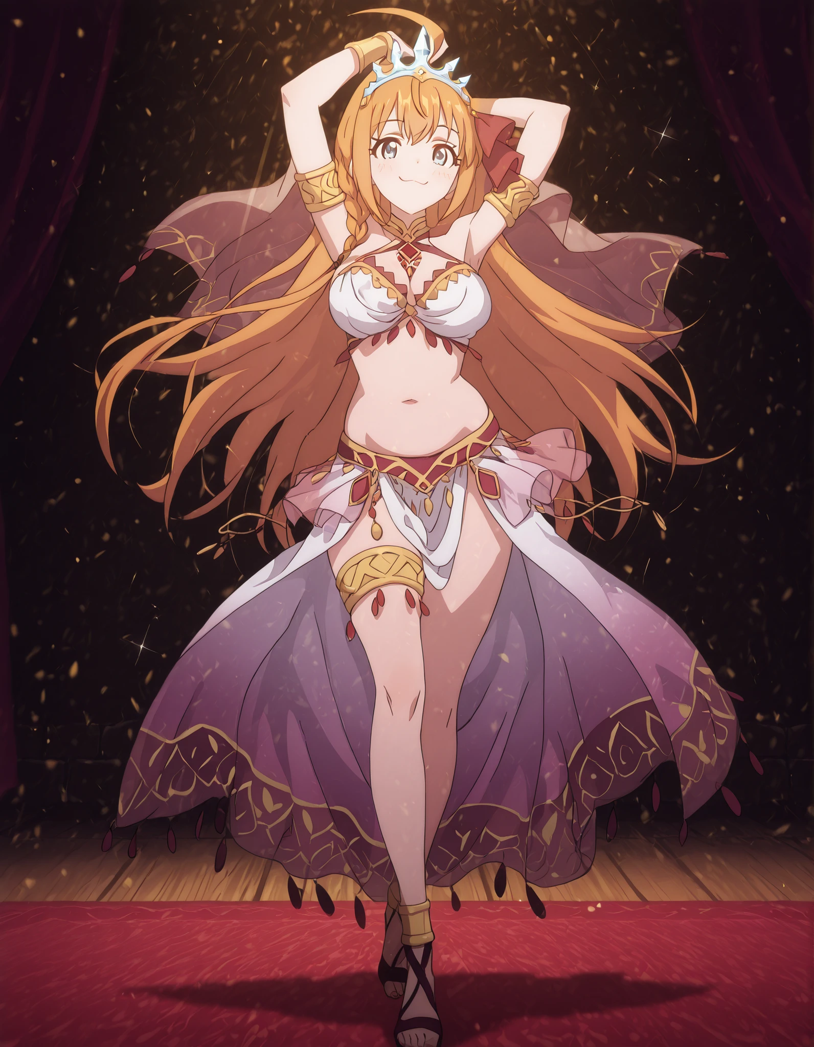 (1girl:1 . 5) , (Seul:1 . 5) , score_9 , score_8_haut , score_7_haut , source_anime , Official work , ultra-detailed , masterpiece , best quality , high resolution , beaux yeux , detailed eyes , Detailed face , beautiful detailed eyes,, <lora:Pecorine-Ponyxl-Lora-Nochekaiser:1>;1girl,blue eyes, hair ornament, long hair, orange hair, braid, hair braid, anime screencap,Princess Connect!,Pecorine,<lora:arabian-clothes-illustriousxl-lora-nochekaiser:1>;Arabian Clothes , Arabian Dancer Outfit ,belly dancer costume,belly dancer outfit ,full body,golden jewelery,armlet,belly dancing,arabian theater,seductive smile, dancing with veil, dynamic movement,dance posture, pose