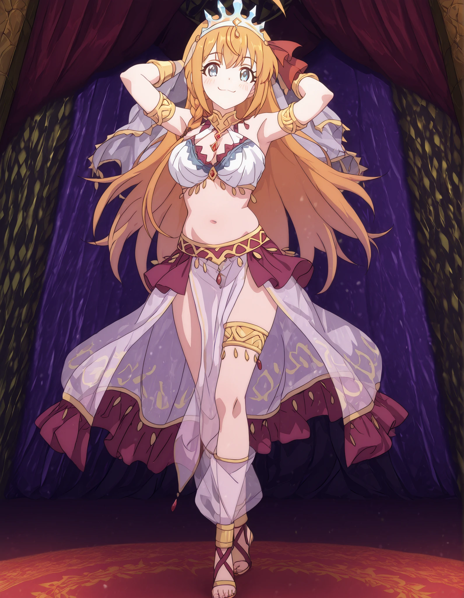 (1girl:1 . 5) , (Seul:1 . 5) , score_9 , score_8_haut , score_7_haut , source_anime , Official work , ultra-detailed , masterpiece , best quality , high resolution , beaux yeux , detailed eyes , Detailed face , beautiful detailed eyes,, <lora:Pecorine-Ponyxl-Lora-Nochekaiser:1>;1girl,blue eyes, hair ornament, long hair, orange hair, braid, hair braid, anime screencap,Princess Connect!,Pecorine,<lora:arabian-clothes-illustriousxl-lora-nochekaiser:1>;Arabian Clothes , Arabian Dancer Outfit ,belly dancer costume,belly dancer outfit ,full body,golden jewelery,armlet,belly dancing,arabian garden,seductive smile, dancing with veil, dynamic movement,dance posture, pose