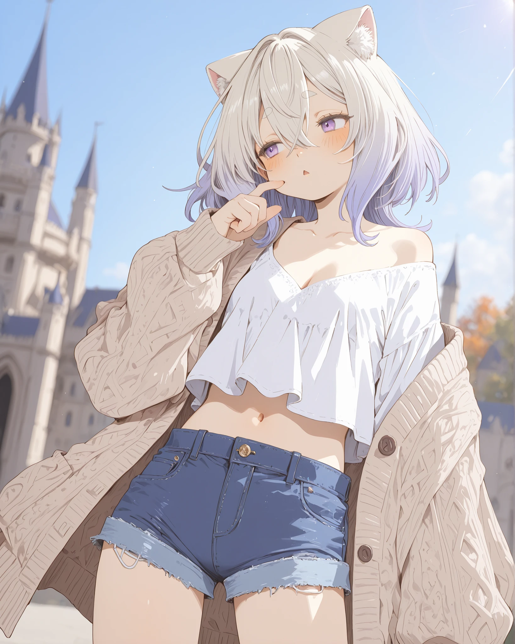 ((Abara Heiki style)), ((Masterpiece)), ((best quality, amazing quality)), ((very aesthetic, absurdres, newest)), ((detailed background, negative space, blurry background, depth of field, Asymmetrical background)), (dynamic angle, wide shot, from side), (cinematic lighting), ((1girl, solo)), cute young Girl, (Healthy Gaunt body, Textured skin, small , cleavage, tilt head), ((platinum-gold hair)), (Knit fabric Cardigan, pale brown Cardigan, Cardigan overhang), inner loose cropped shirt, pure white shirt, left shoulder, (short shorts, denim fabric shorts, Navy blue shorts), (messy medium hair), (hair between eyes, long bangs, long side bangs), gradient hair, violet color Hair Tip, beautiful collarbones, BREAK ((sad face, blush, triangle mouth)), Thin and short eyebrows, troubled eyebrows, (cute cheeks), glossy lips, pouty lips, (lower eyelashes), (fuzzy cat ears), ((pale purple eyes, gradient eyes, averting eyes, looking at side)), ((touching finger on cheek, slightly exposed cute navel), outdoor, contrapposto under the castle gateway, aged gateway, (under the castle gateway, In front of Cinderella Castle), wind blow, intense sunlight, ((autumn atmosphere)),