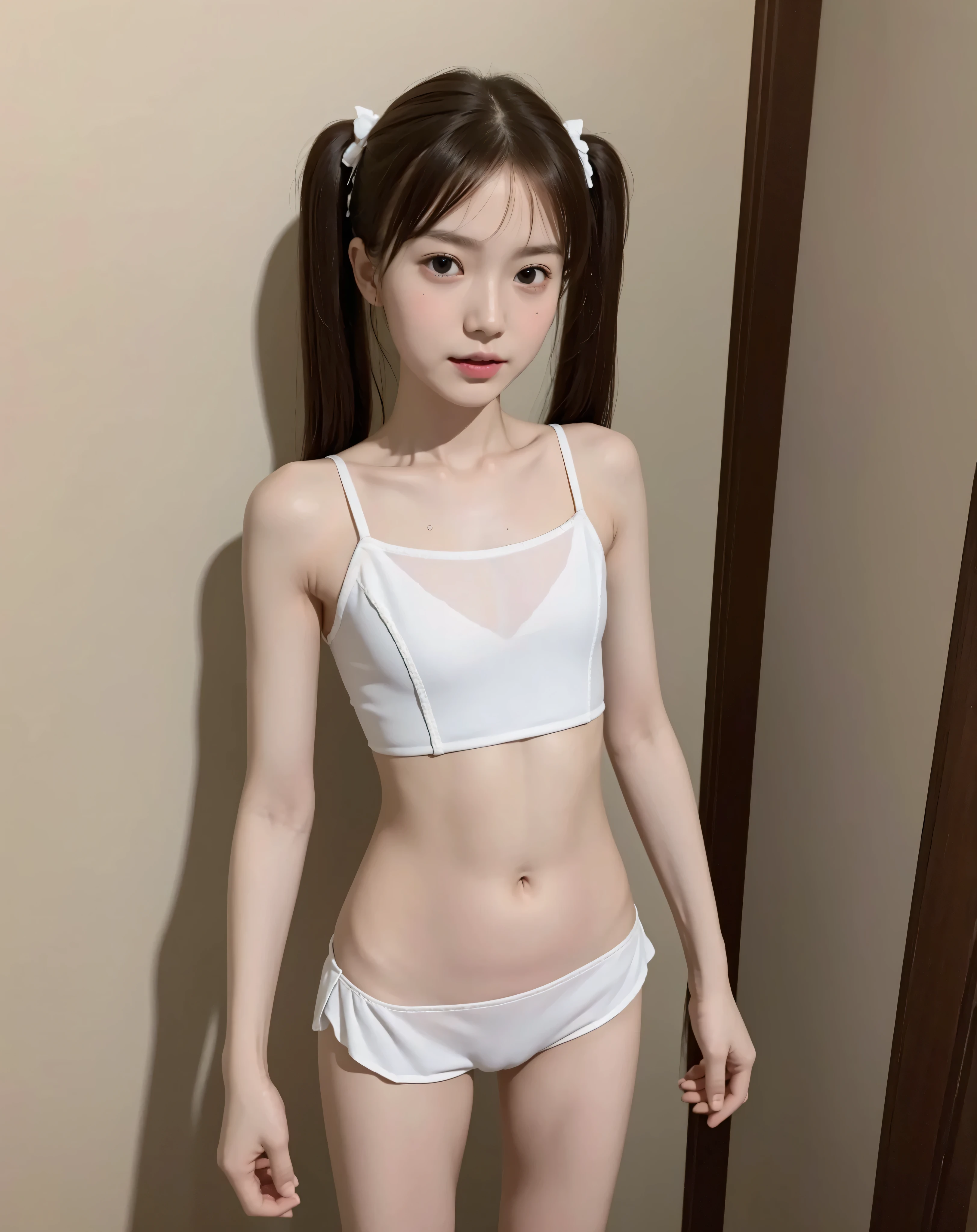 maids, cute pretty girl,masterpiece,High Fine,4K,8k,16 kg,twin tail,brown hair,thin body wet with sweat,thin legs, thin arm, thin body,smaller,12 years old