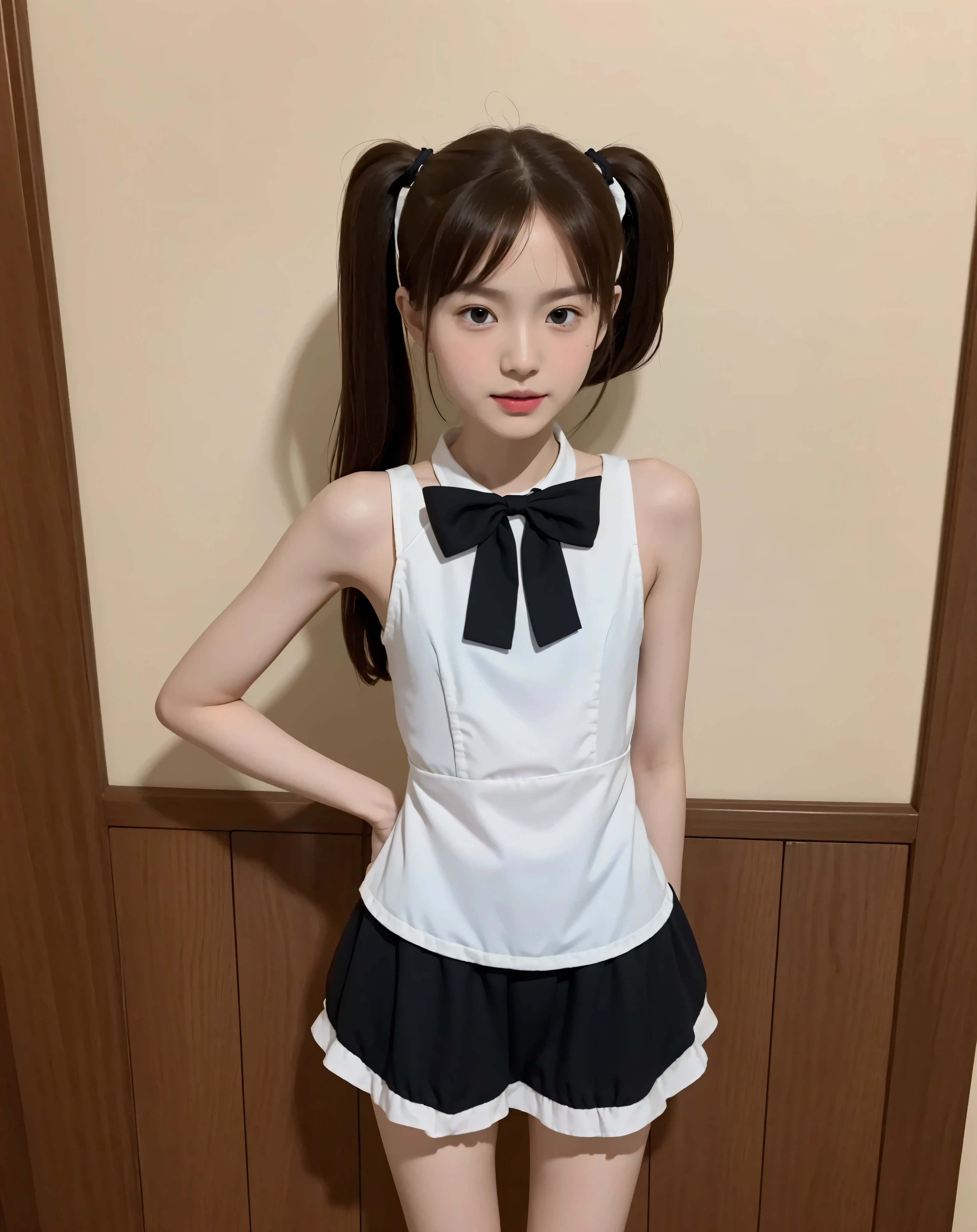 maids, cute pretty girl,masterpiece,High Fine,4K,8k,16 kg,twin tail,brown hair,thin body wet with sweat,thin legs, thin arm, thin body,smaller,12 years old