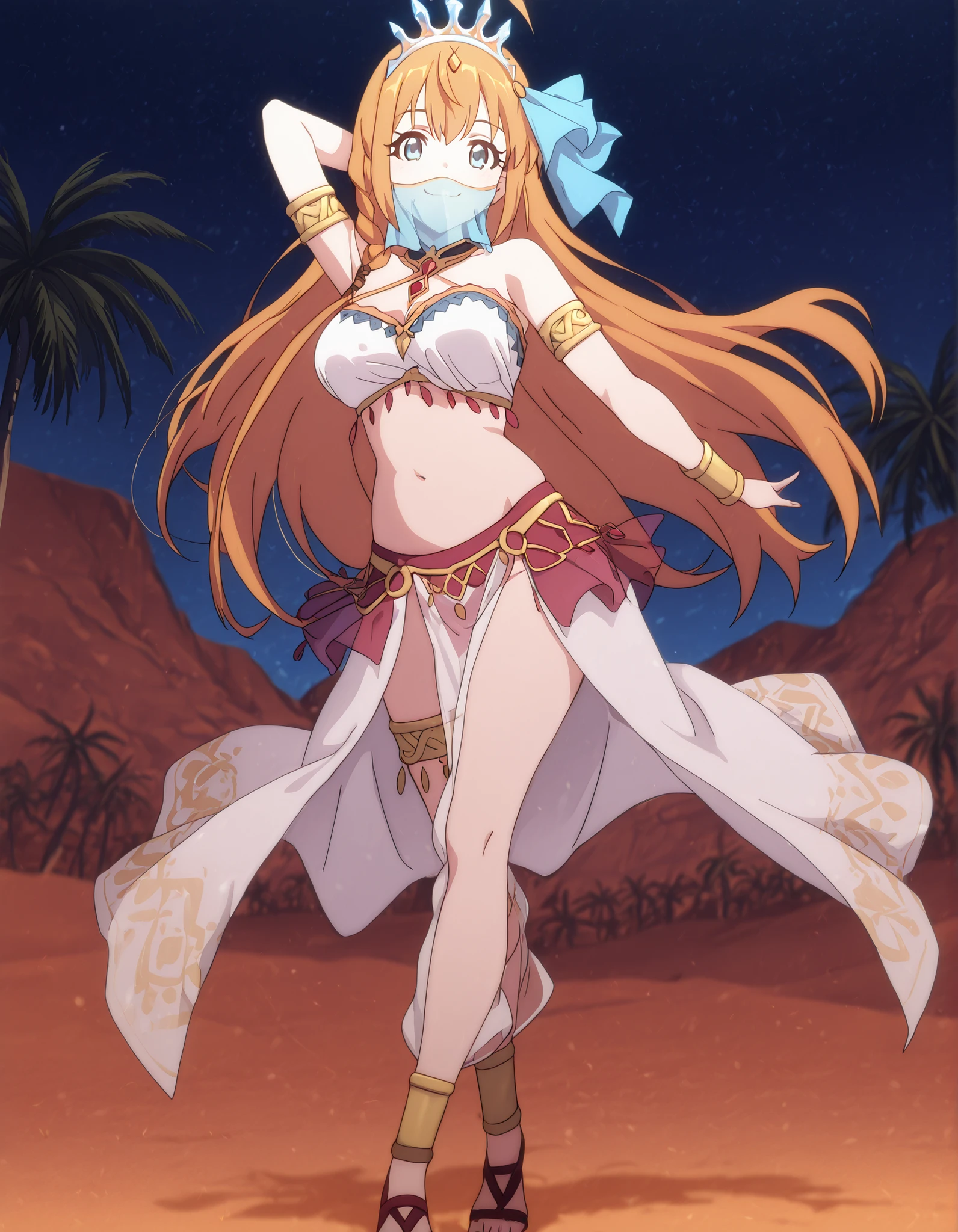(1girl:1 . 5) , (Seul:1 . 5) , score_9 , score_8_haut , score_7_haut , source_anime , Official work , ultra-detailed , masterpiece , best quality , high resolution , beaux yeux , detailed eyes , Detailed face , beautiful detailed eyes,, <lora:Pecorine-Ponyxl-Lora-Nochekaiser:1>;1girl,blue eyes, hair ornament, long hair, orange hair, braid, hair braid, anime screencap,Princess Connect!,Pecorine,<lora:arabian-clothes-illustriousxl-lora-nochekaiser:1>;Arabian Clothes , Arabian Dancer Outfit ,belly dancer costume,belly dancer outfit ,full body,golden jewelery,mouth veil,armlet,belly dancing,night,desert lands,palm tree,seductive smile, dancing with veil, dynamic movement,dance posture, pose