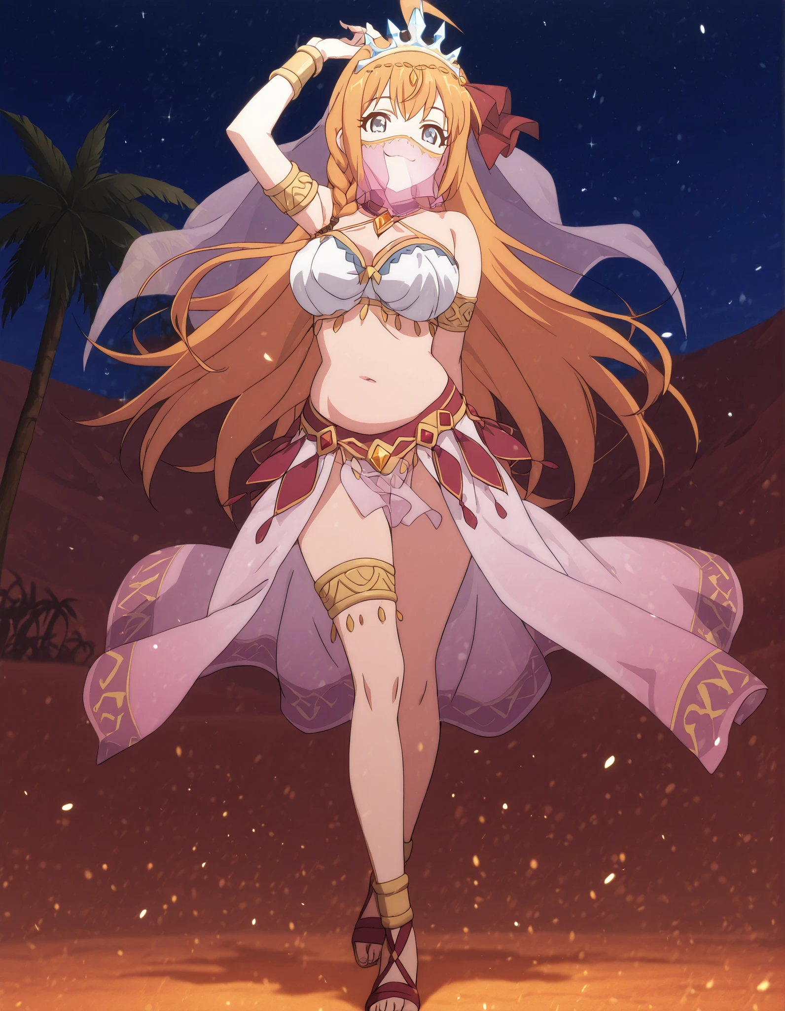 (1girl:1 . 5) , (Seul:1 . 5) , score_9 , score_8_haut , score_7_haut , source_anime , Official work , ultra-detailed , masterpiece , best quality , high resolution , beaux yeux , detailed eyes , Detailed face , beautiful detailed eyes,, <lora:Pecorine-Ponyxl-Lora-Nochekaiser:1>;1girl,blue eyes, hair ornament, long hair, orange hair, braid, hair braid, anime screencap,Princess Connect!,Pecorine,<lora:arabian-clothes-illustriousxl-lora-nochekaiser:1>;Arabian Clothes , Arabian Dancer Outfit ,belly dancer costume,belly dancer outfit ,full body,golden jewelery,mouth veil,armlet,belly dancing,night,desert lands,palm tree,seductive smile, dancing with veil, dynamic movement,dance posture, pose