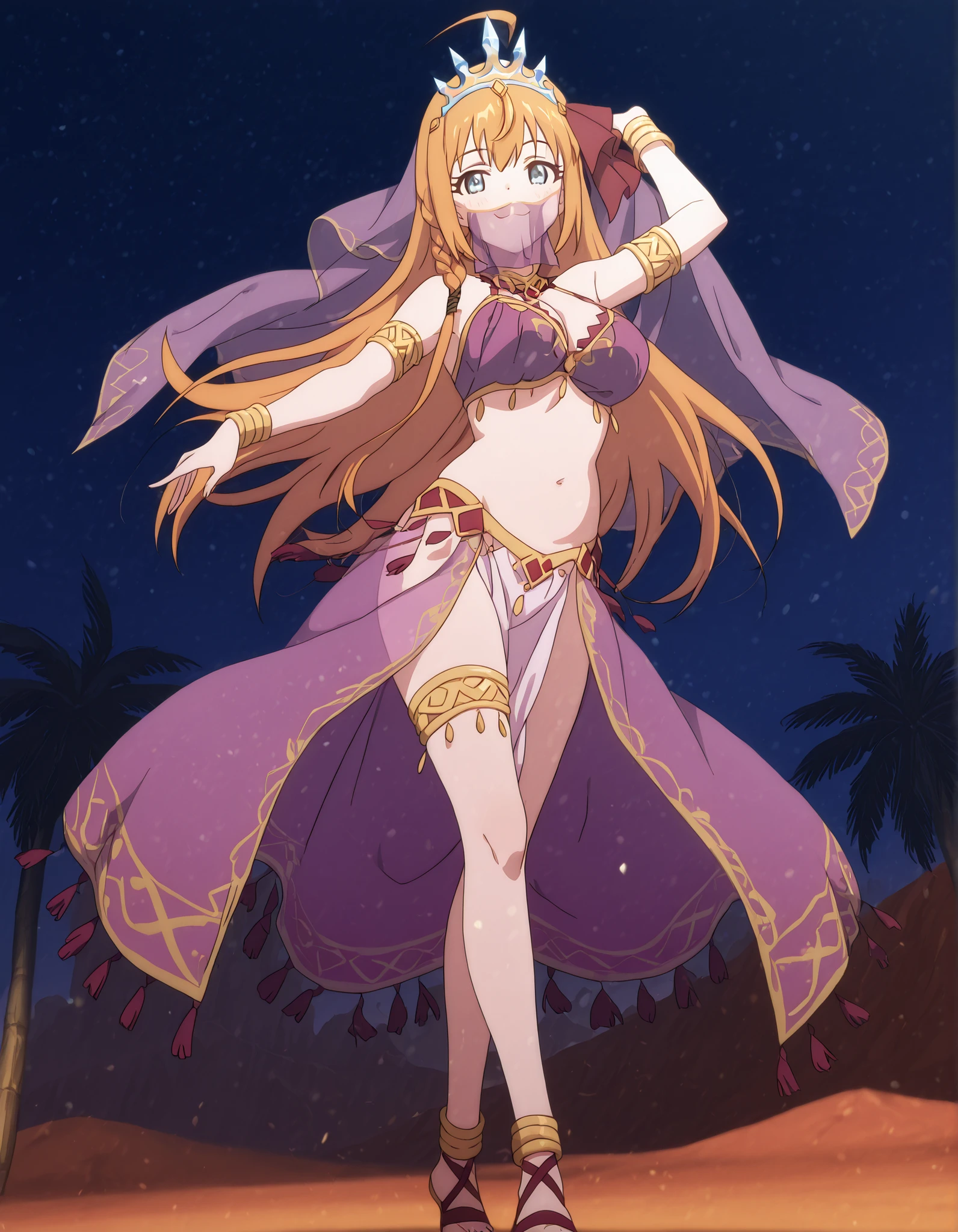 (1girl:1 . 5) , (Seul:1 . 5) , score_9 , score_8_haut , score_7_haut , source_anime , Official work , ultra-detailed , masterpiece , best quality , high resolution , beaux yeux , detailed eyes , Detailed face , beautiful detailed eyes,, <lora:Pecorine-Ponyxl-Lora-Nochekaiser:1>;1girl,blue eyes, hair ornament, long hair, orange hair, braid, hair braid, anime screencap,Princess Connect!,Pecorine,<lora:arabian-clothes-illustriousxl-lora-nochekaiser:1>;Arabian Clothes , Arabian Dancer Outfit ,belly dancer costume,belly dancer outfit ,full body,golden jewelery,mouth veil,armlet,belly dancing,night,desert lands,palm tree,seductive smile, dancing with veil, dynamic movement,dance posture, pose