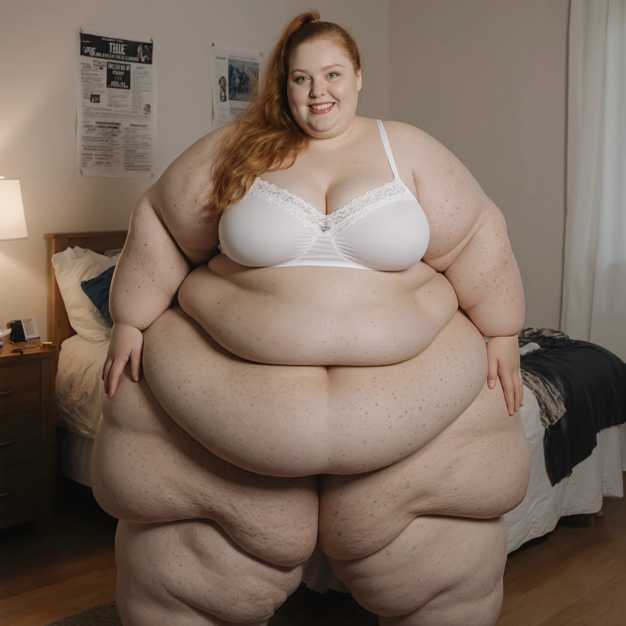 A highly detailed, photorealistic image of an 18-year-old USSBBW plus-size woman weighing 1000 pounds, standing in a cute pose in her cozy bedroom, wearing a lacy white bra and matching panties that strain tightly against her ultra-extreme pear-shaped curves. Starting with an immensely obese upper body foundation escalating to hyper-obese shoulders and arms with substantial very chubby fat layers and jiggly multi-tiered rolls, building to ultra-morbidly intense waist featuring a colossally gigantic apron belly with hyper-overhanging pendulous folds sagging profoundly past her knees like a heavy curtain of blubber, then extreme fat-as-heck lower body pear-shape with immensely exaggerated high-fat accumulation on colossally wide hips and ultra-colossal buttocks protruding massively backward with profound dimples, hyper-cellulite-dimpled thighs that rub together with deep friction creases and engulfed in layered adipose, calves with cascading blubber rolls, a prominent double chin overflowing under weight, and overall hyper-realistic skin textures with cellulite, dimples, subtle veins, and strain marks under soft lighting. She has very long wavy ginger hair tied in a high ponytail cascading over her shoulders, an extremely pretty face with flawless porcelain skin with light freckles, full lips, sparkling light green eyes, and a radiant smile. The room features soft lighting from a bedside lamp, with posters on the walls, a messy bed in the background, and wooden floors. Ultra-realistic textures, sharp focus, 8K resolution, cinematic composition, natural pose.