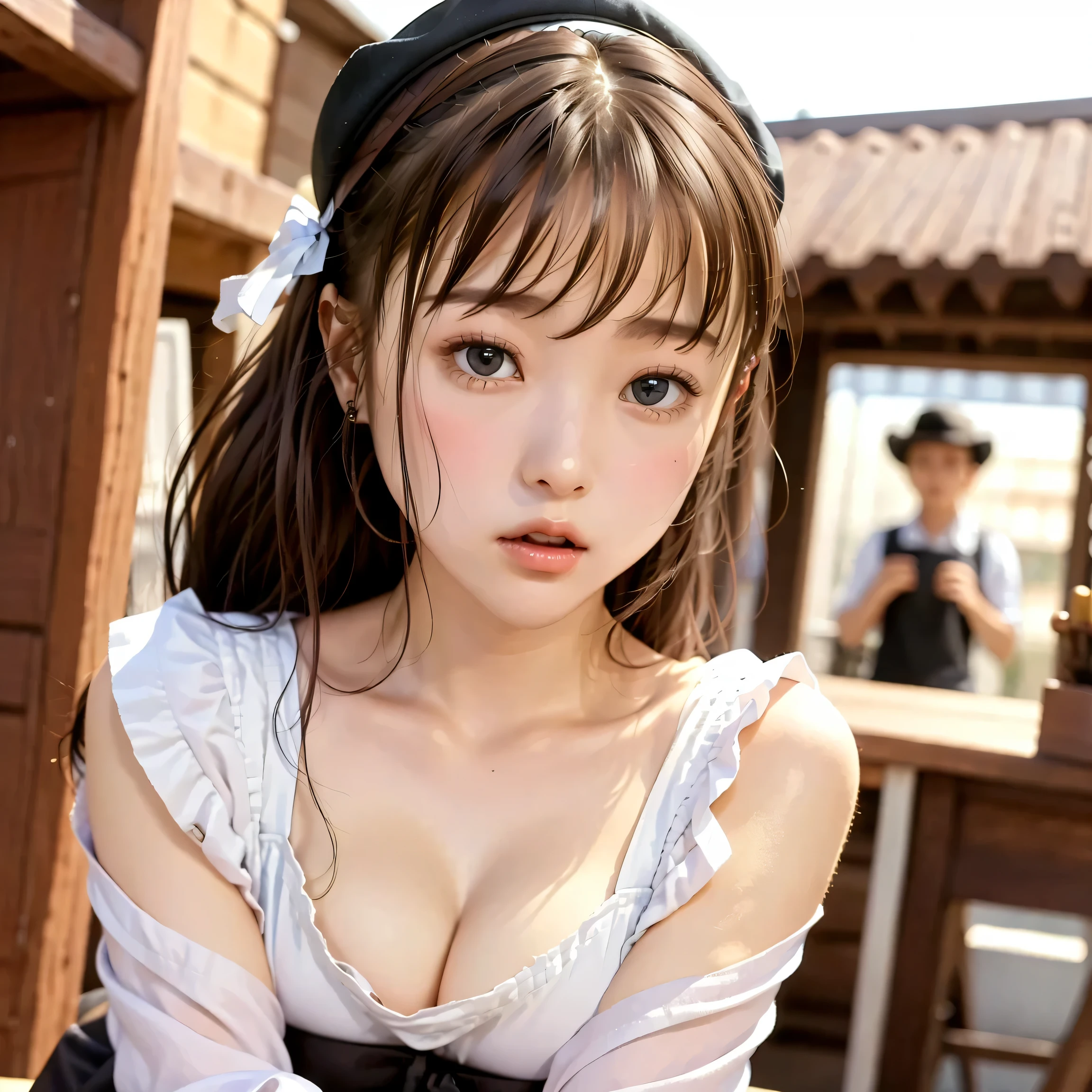 Woman Delivering Coffee by Bicycle、(cute woman, adorable heroine),( On:1.25),1girl, Cowboy Shot, worried expression,
coffee delivery guy, 18, small breasted,small breasted、flat chest、(small top:1.6)、
brown hat,A white bicycle ,「COFFEE」A large bag with the inscription,Silver Okamichi with a picture of coffee drawn on it、brown maid clothes
Pink Eye,people々Staring at,big eyes、double eyelids、
face close-up:1.2、Upper Body Pictures、Portrait、
coffee deliveryman、
masterpiece,or higher to top quality,amazing quality,Newest,
(Real skin:1),