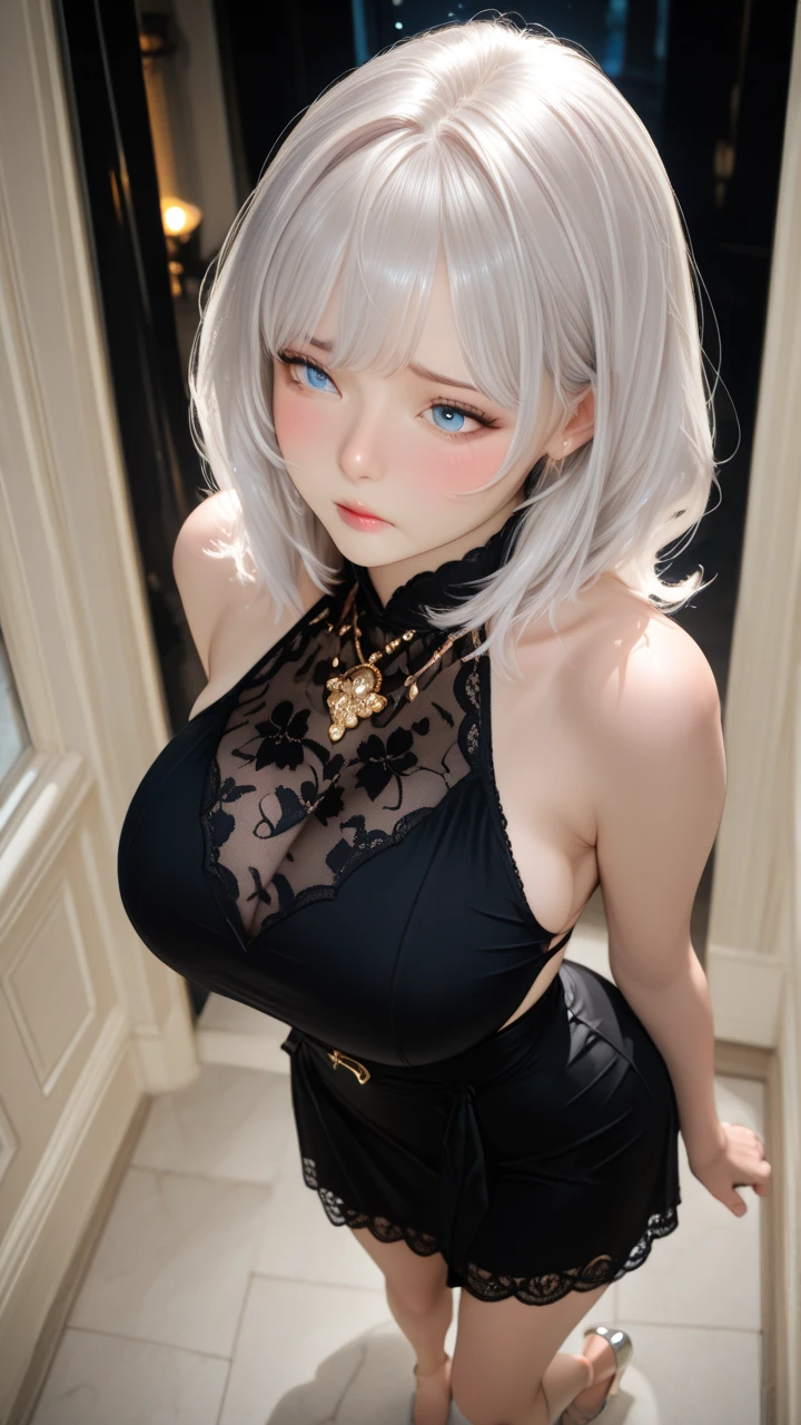 Woman lying in palace v6, mature, black transparent tights, exquisite decoration, necklace, earrings, full body v6, short white hair, pronounced cleavage, translucent clothes, pattern on clothes, open-????? outfit, black silk miniskirt, visible, superlative, ultra high-definition, raw photo, realism: 1.25), (bright lip gloss, long eyelashes, smooth face, glossy skin, natural shadows, wide light, wide light, depth of field, intense colors, subtle caustics: 0.8), smile, (big ????), v6